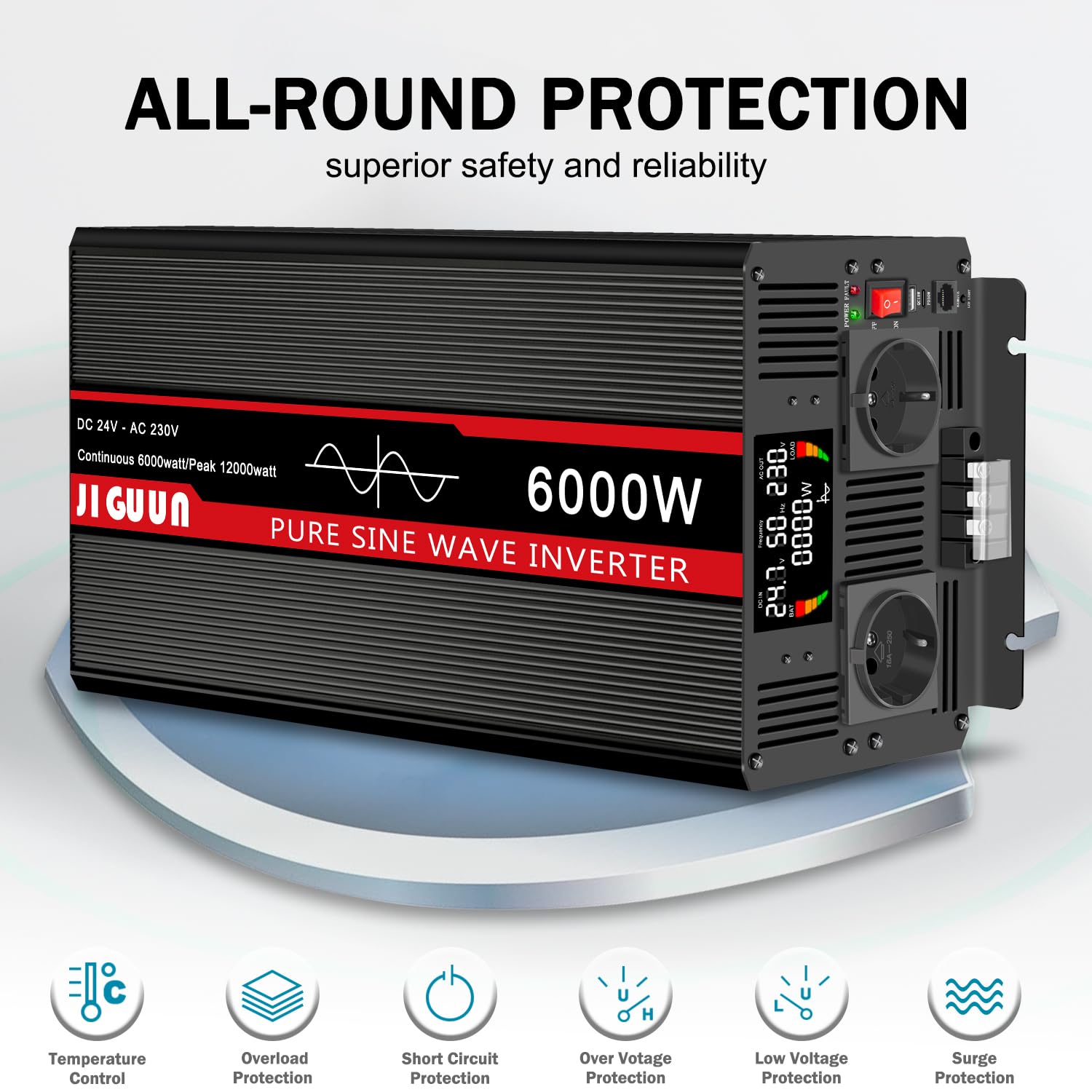 JIGUUN 6000W inwerter sinusoidalny 24V na 230 V z bezprzewodowym pilotem zdalnego sterowania Wyświetlacz LCD 2 gniazdko UE i 1 port USB do samochodu, na kemping, w podróży, w nagłych