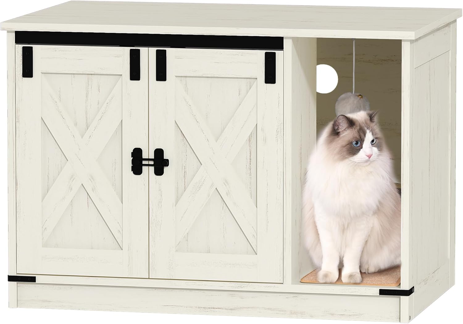 Cat Litter Box Enclosure, Hidden Litter Box Cabinet Furniture with Cat Bell, Indoor Cat House, Farmhouse Style, 31.5 x 19.7 x 20.9Inches, for Hallway, Bedroom, White CB82414B
