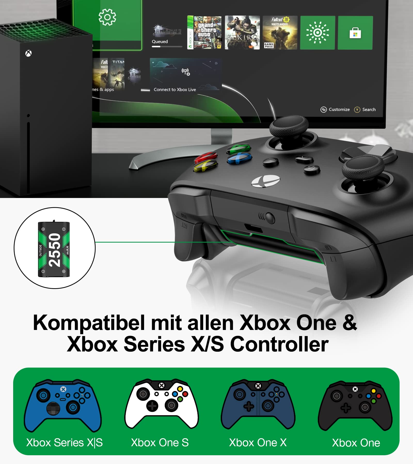 Akku für Xbox One/Series X&S Controller, 4 Stück 2550mAh Akku (2x6120mWh) Hoher Kapazität Batterien, NI-MH Akku Kompatibel mit Xbox Series X&S/Xbox One S/Xbox One X/Xbox One Elite/Xbox One Controller