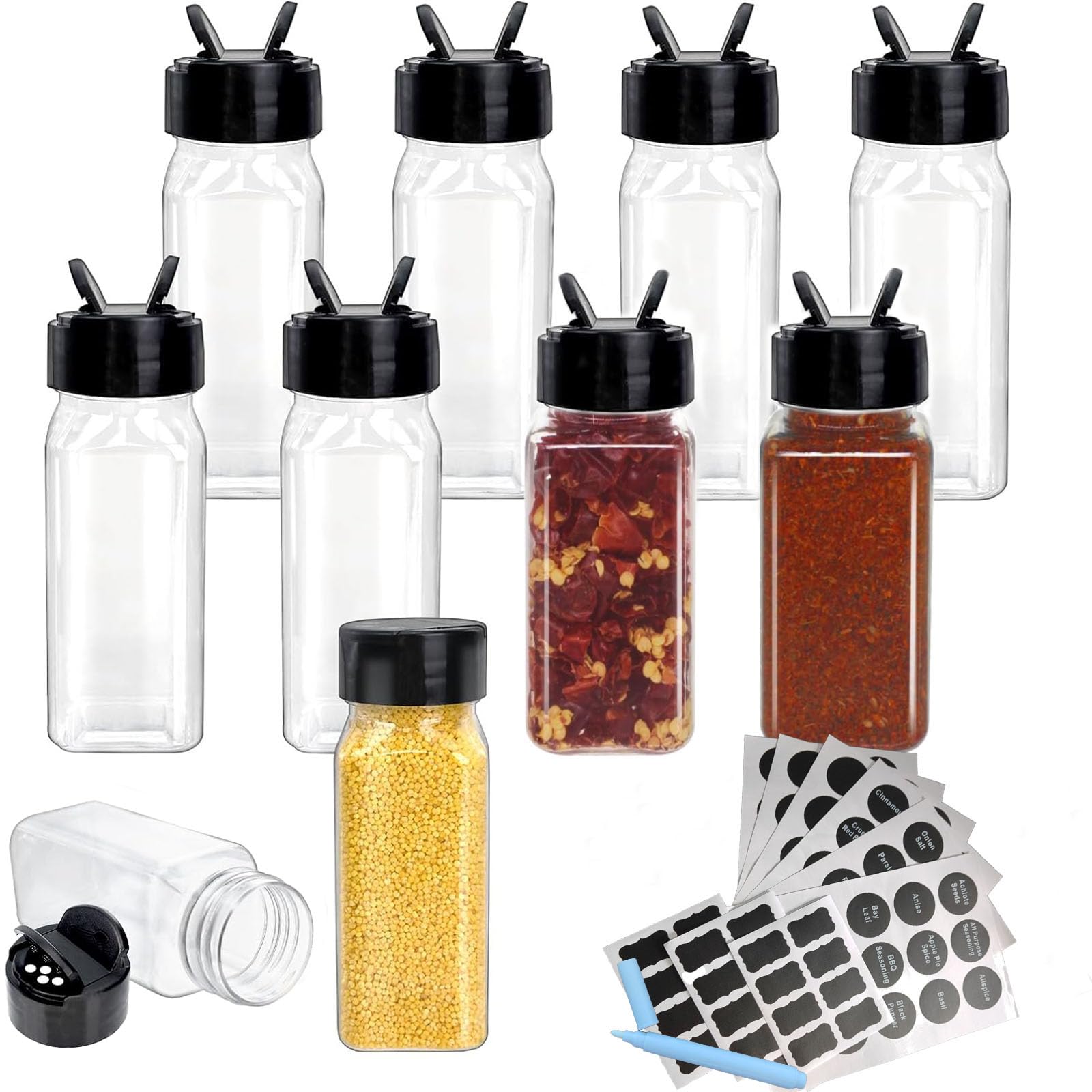 10 Square Transparent Plastic Spice Jars with lids, air Conditioning Flavor containers, Suitable for Storing Spices, Herbs, Powders, and Kitchen Items. Comes with a Wide Mouth Funnel and Label