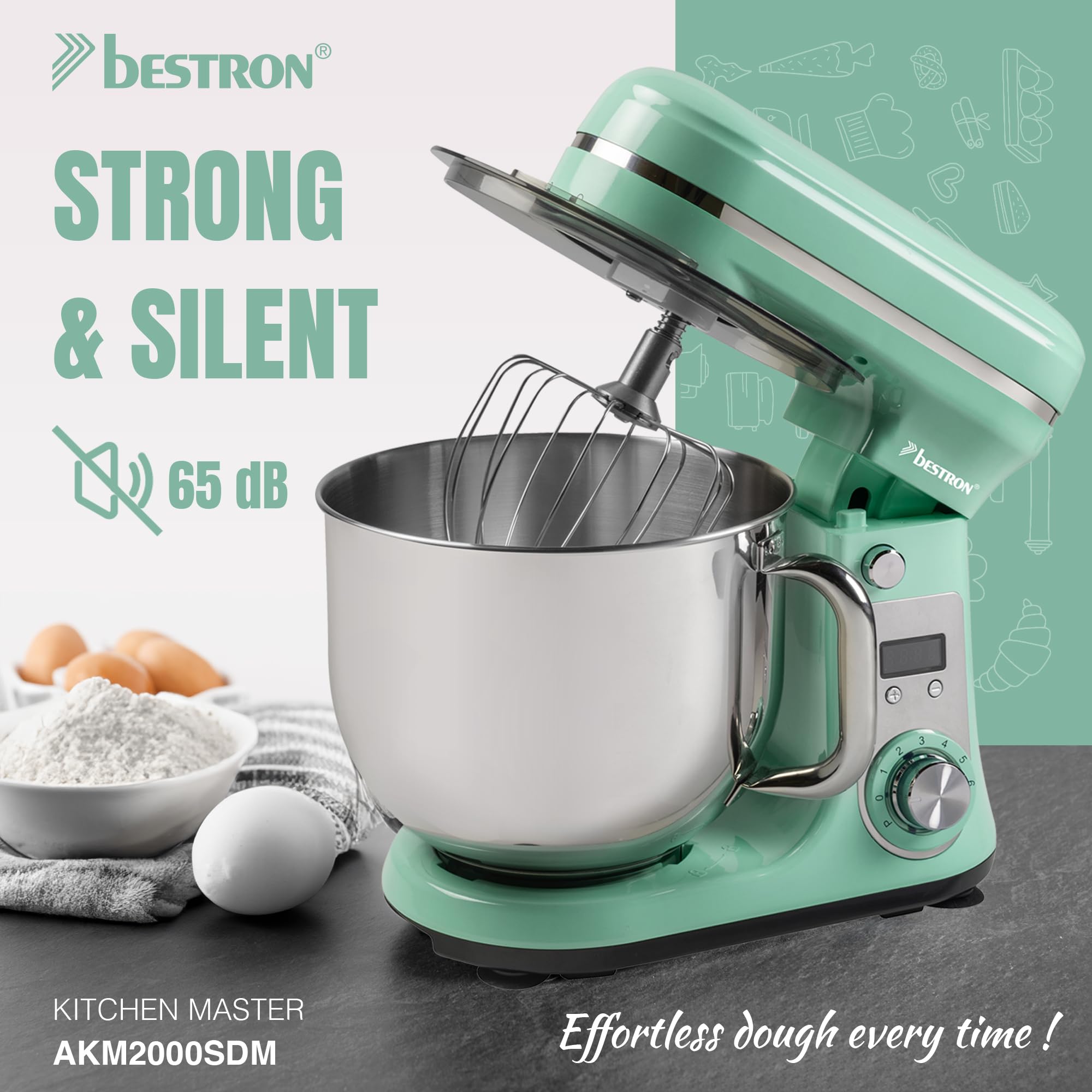 Bestron Robot Patissier, Robot pâtissier super silencieux (65 dB), Robot de cuisine 4-en-1, bol de 6 litres, inclus crochet pétrisseur, fouet et batteur plat, 6 vitesses + fonction Pulse, Vert