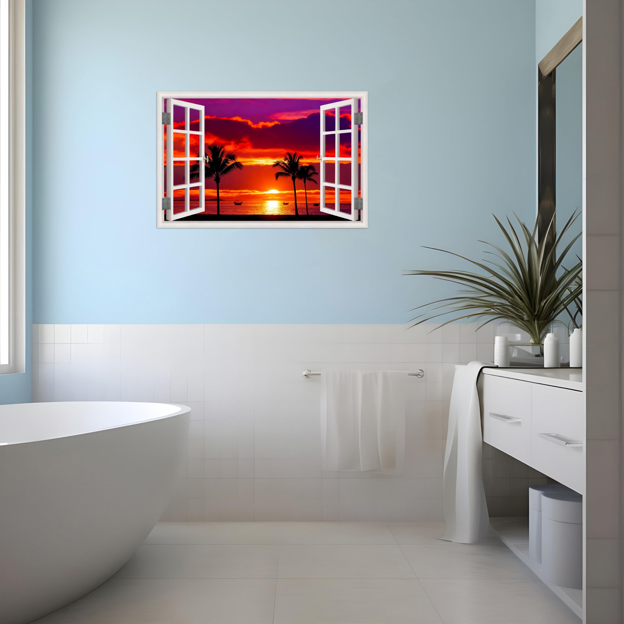SDYSKKUG Fensterblick Landschaftsbilder. PalmenBaum Meer Sonnenuntergang. Natur Druck auf Leinwand. Leinwandbild für Wohnzimmer Wanddekoration 120x80cm Ungerahmt