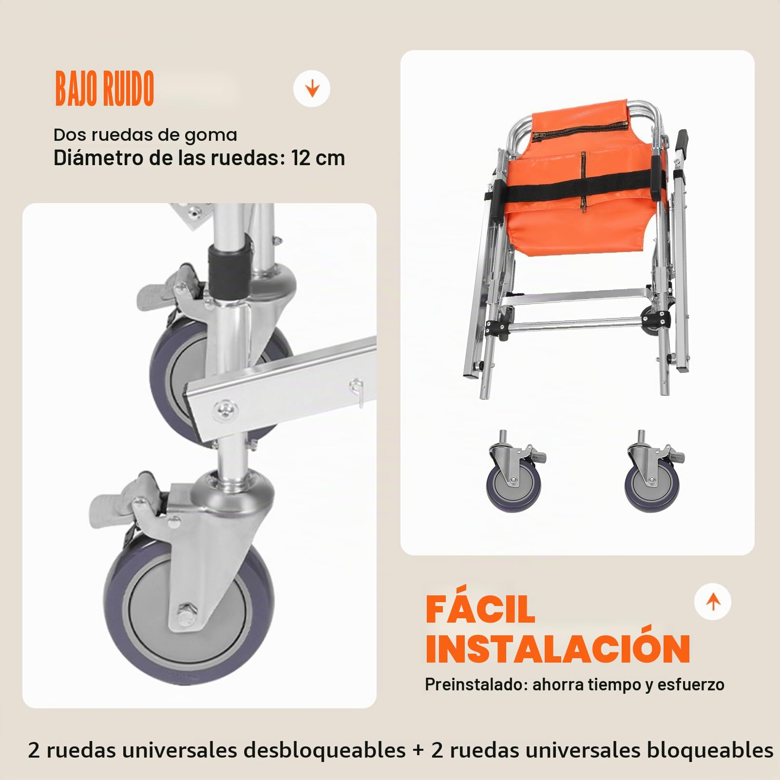 Silla de evacuación, silla de escalera de aleación de aluminio, ligera, plegable con cierre rápido, silla de evacuación para ambulancia bombero (naranja)