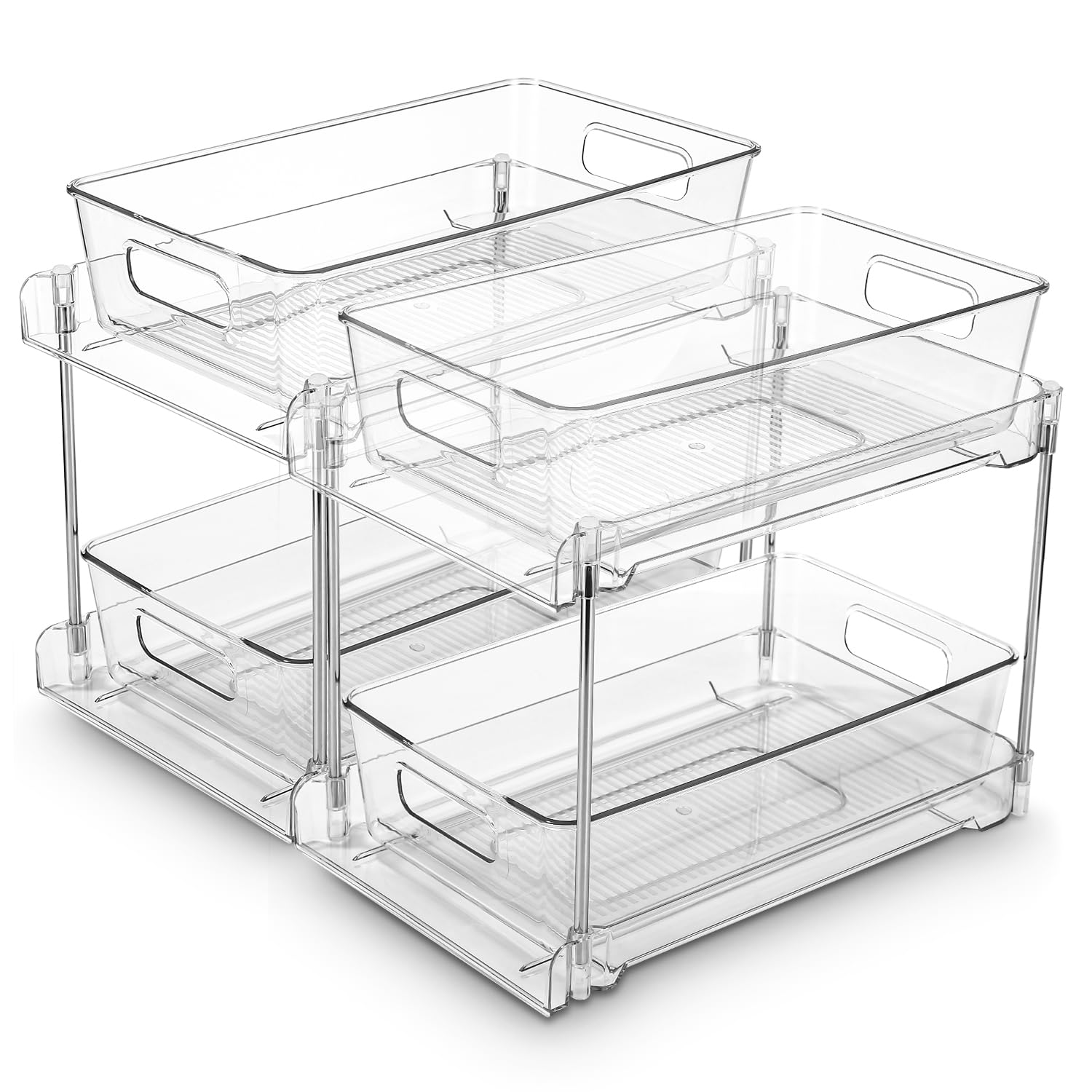 Ixydor Transparent Multifunctional Under Sink Shelf Organiser, Pack Of 2, With Sliding Drawer, 2 Tier For Kitchen, Bathroom, Bedroom
