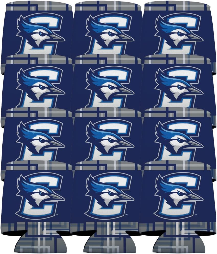 VictoryStore Can Coolers – Creighton University Squares Design – Set of 12 Foldable Drink Sleeves for 12oz Cans & 12–16oz Bottles – Team Spirit Beverage Coolies – Reusable & Durable