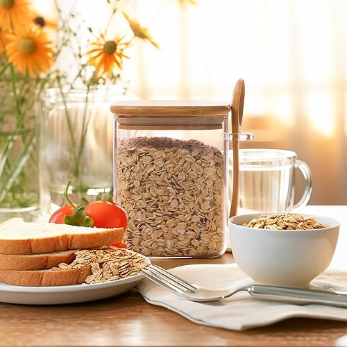 Miniatura 5 de ComSaf Juego de 4 tarros de vidrio de 31 onzas con tapas y cucharas de bambú, recipientes cuadrados de vidrio con tapas, recipientes de café de