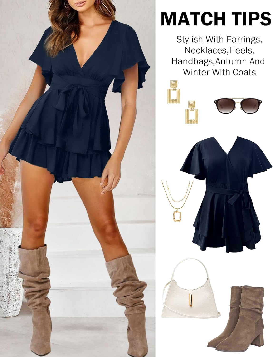 Relipop Women's Floral Rompers Jumpsuits V Neck Short Baggy Sleeve Waist Tie Double Layer Ruffle Hem Romper 2026 Trendy - Image 3