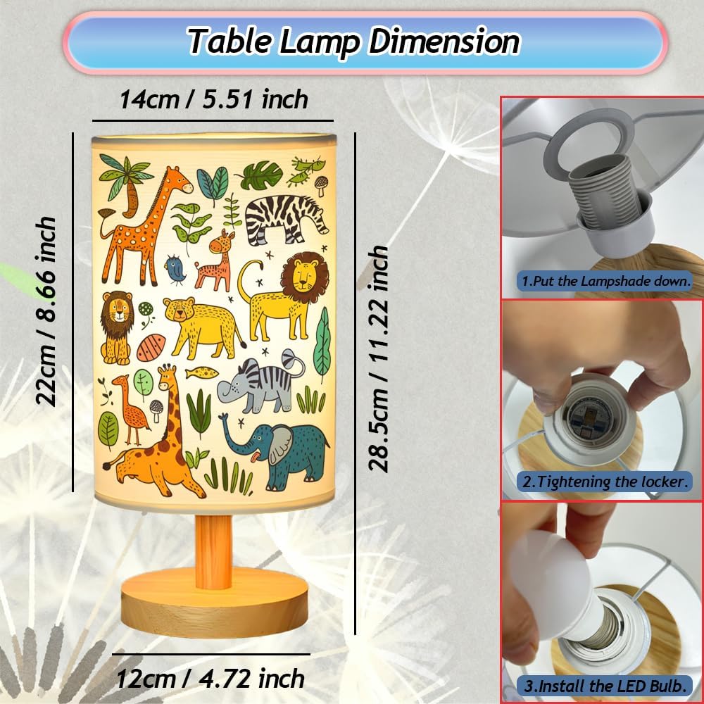 Animal Kids Bedside Table Lamp for Bedroom, 3 Colors Nightstand Light Lamp with Wood Base Round Flaxen Fabric Shade Desk Reading Lamp for Girls Boys Room Decor, Animal Nursery Stuff Girls Gifts