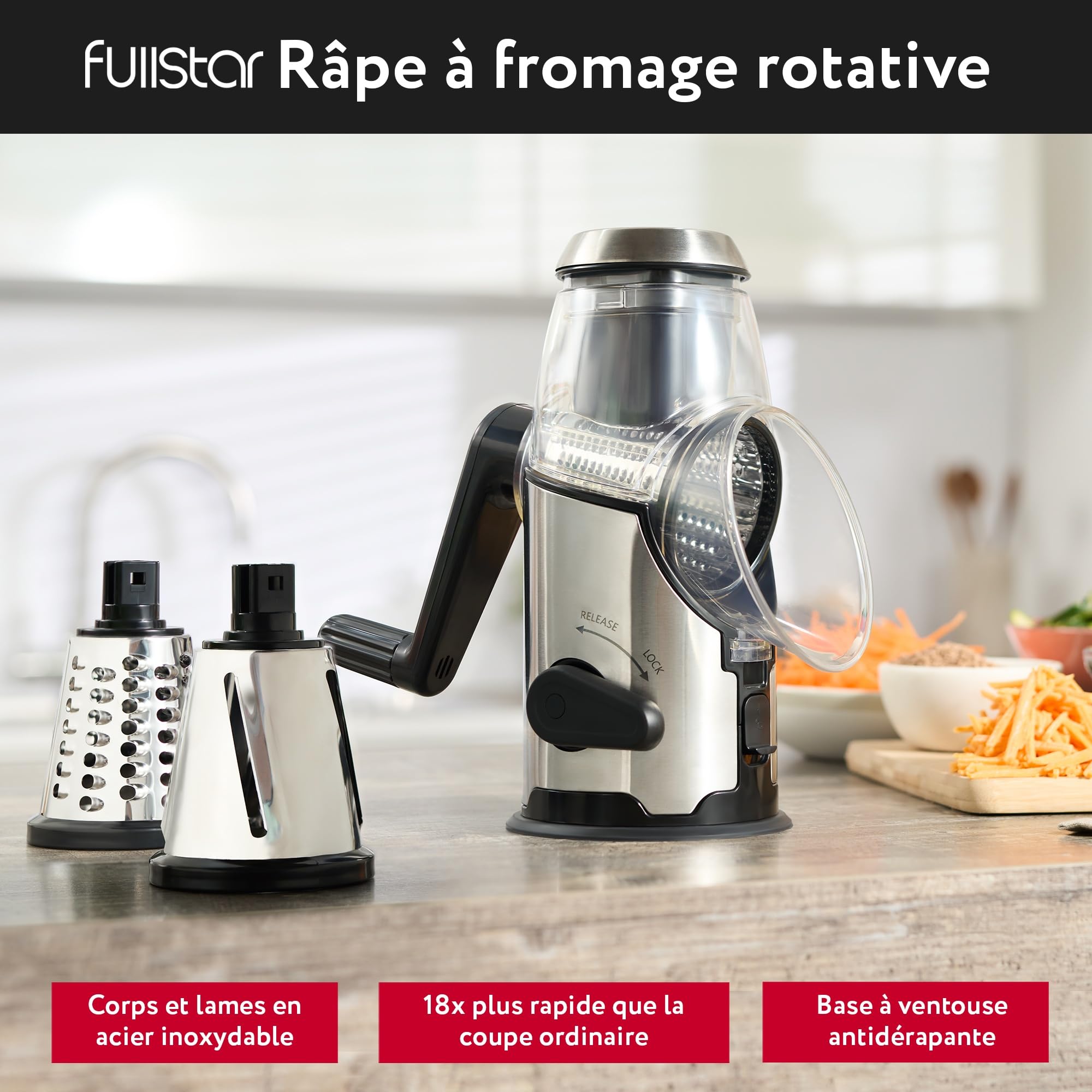 Râpe à fromage - Inox Coupe Legumes Manuelle avec 3 Lames de Tambour Détachables - Rapide et Facile - Base Antidérapante - Rapeuse de Cuisine pour Légumes Fromage Concombre Carotte Noix