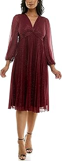 Womens Long Sleeve Shimmer V Neck Twist Empire Waist Pleated Midi Dress