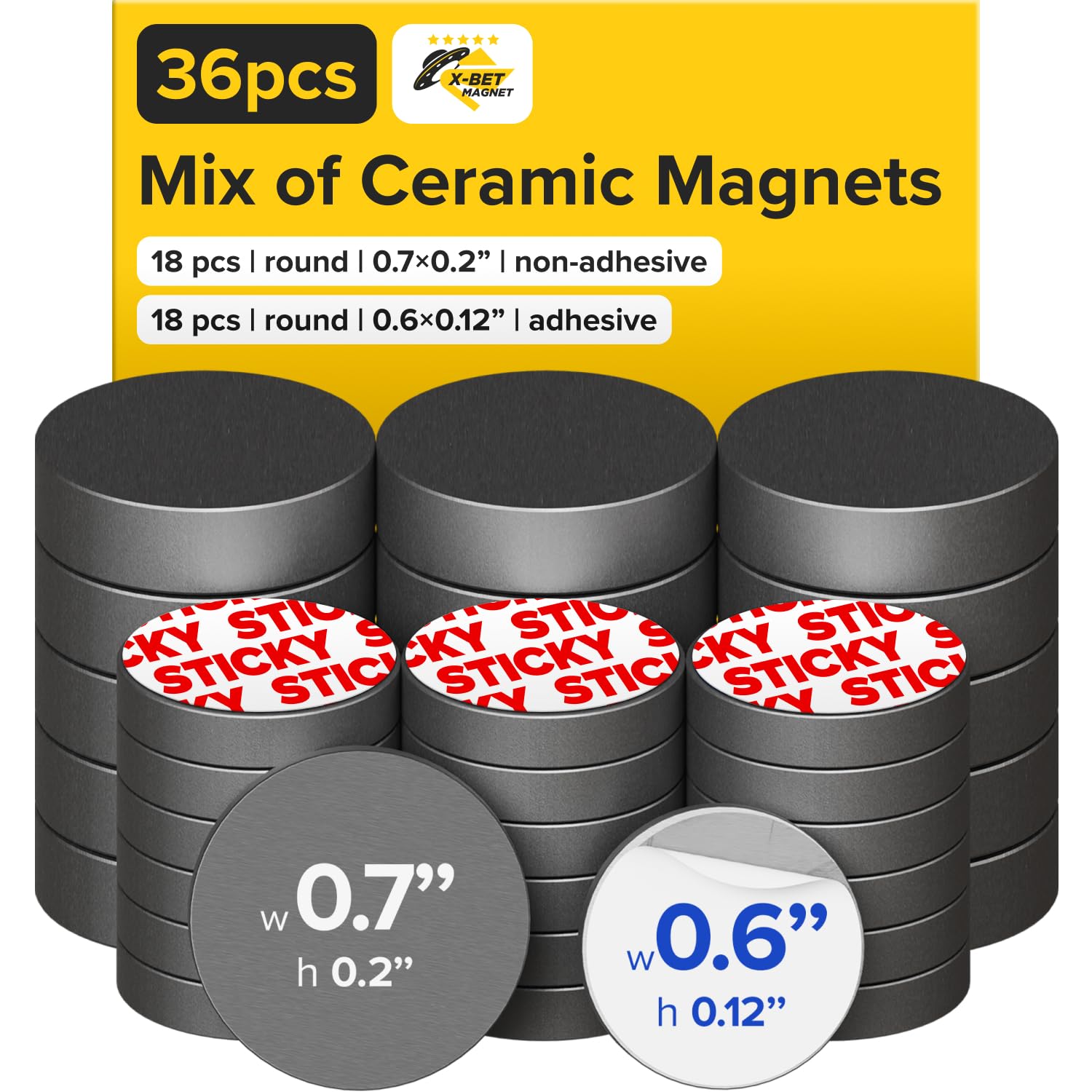 Ultra-Strong Ceramic Round Magnets with Adhesive Backing (2 Sizes Mix, 36 pcs) – Heavy Duty Sticky Magnets, Non-Corrosive, Versatile for Home, Office,
