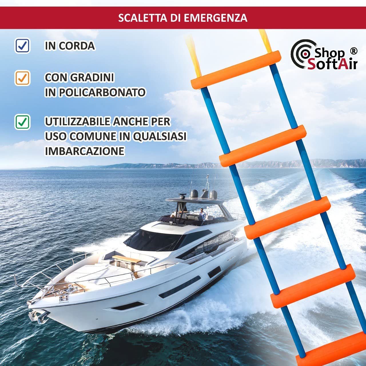 Scaletta Barca di Emergenza in Corda 4 e 5 Gradini in Policarbonato con Sacca Robusta per Gommone Barche