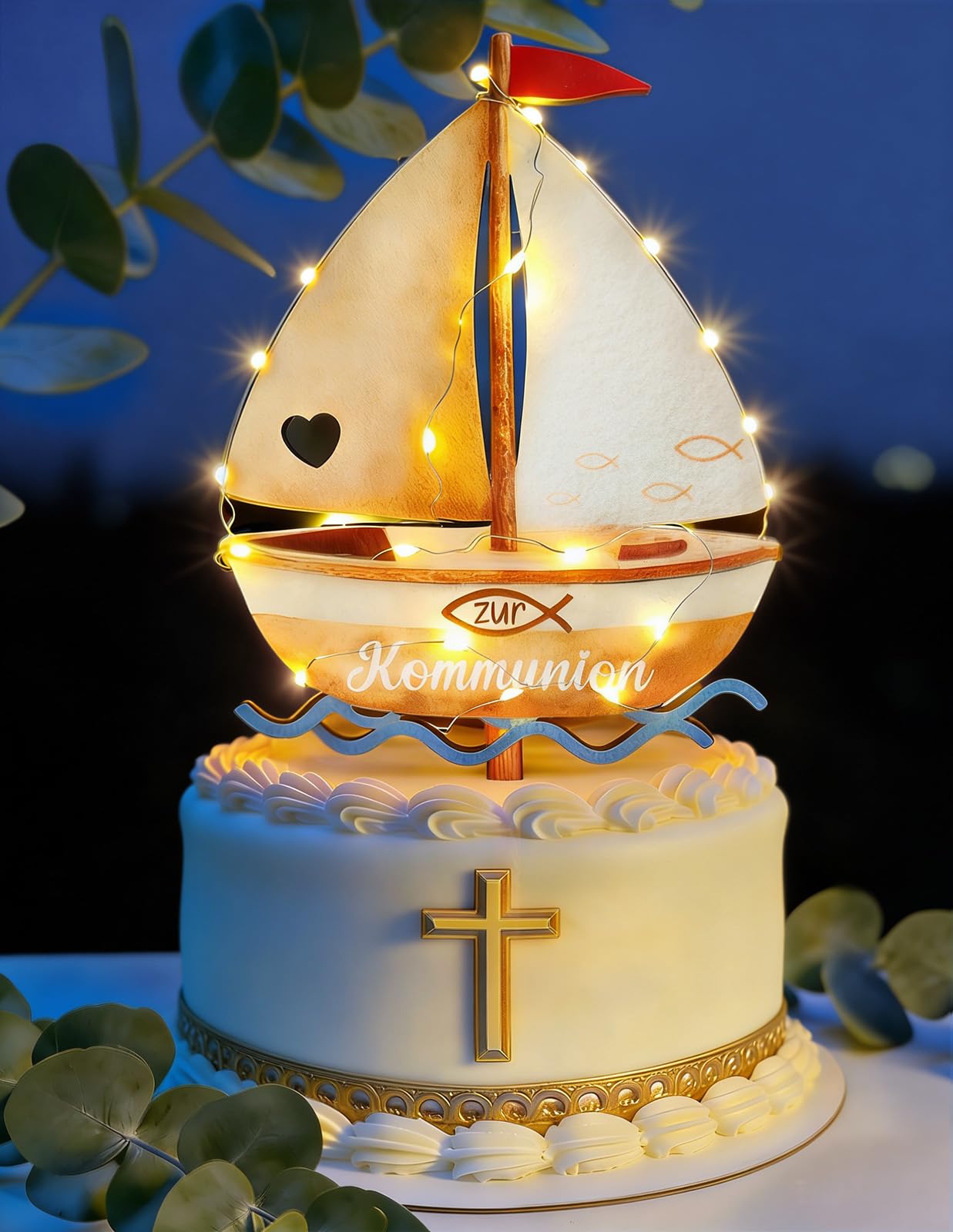 Tortendeko Kommunion, Cake Topper Kommunion Deko Torte Holz mit LED, KommunionTortendeko Kuchen Deko Erstkommunion Deko für Junge Mädchen