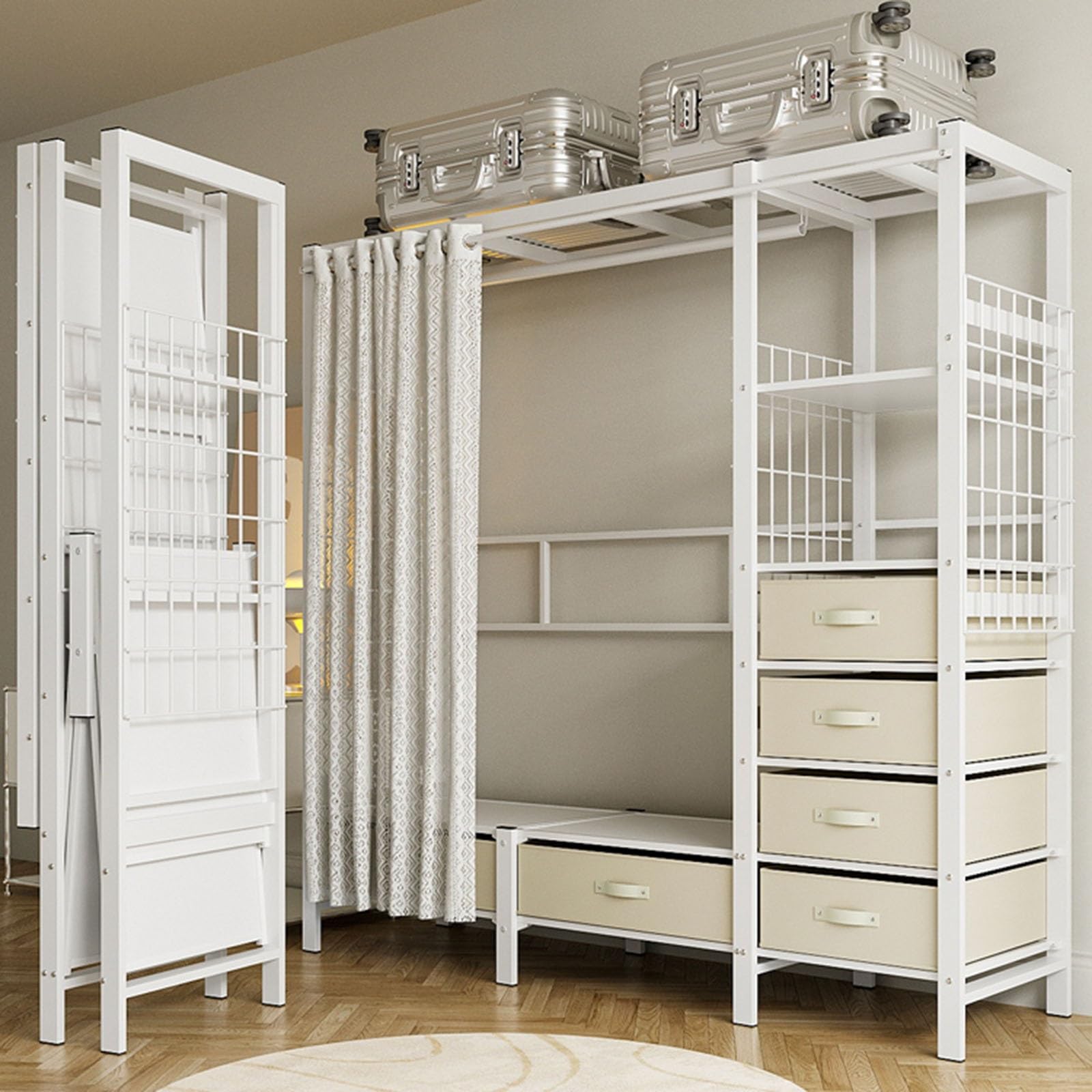 Generico Armadio Guardaroba Resistente con Tenda, spazioso Appendiabiti per Camera da Letto, 4 Ripiani Aperti e 6 cassetti, Bianco, 168x50x170 cm - Soluzione di archiviazione Durevole
