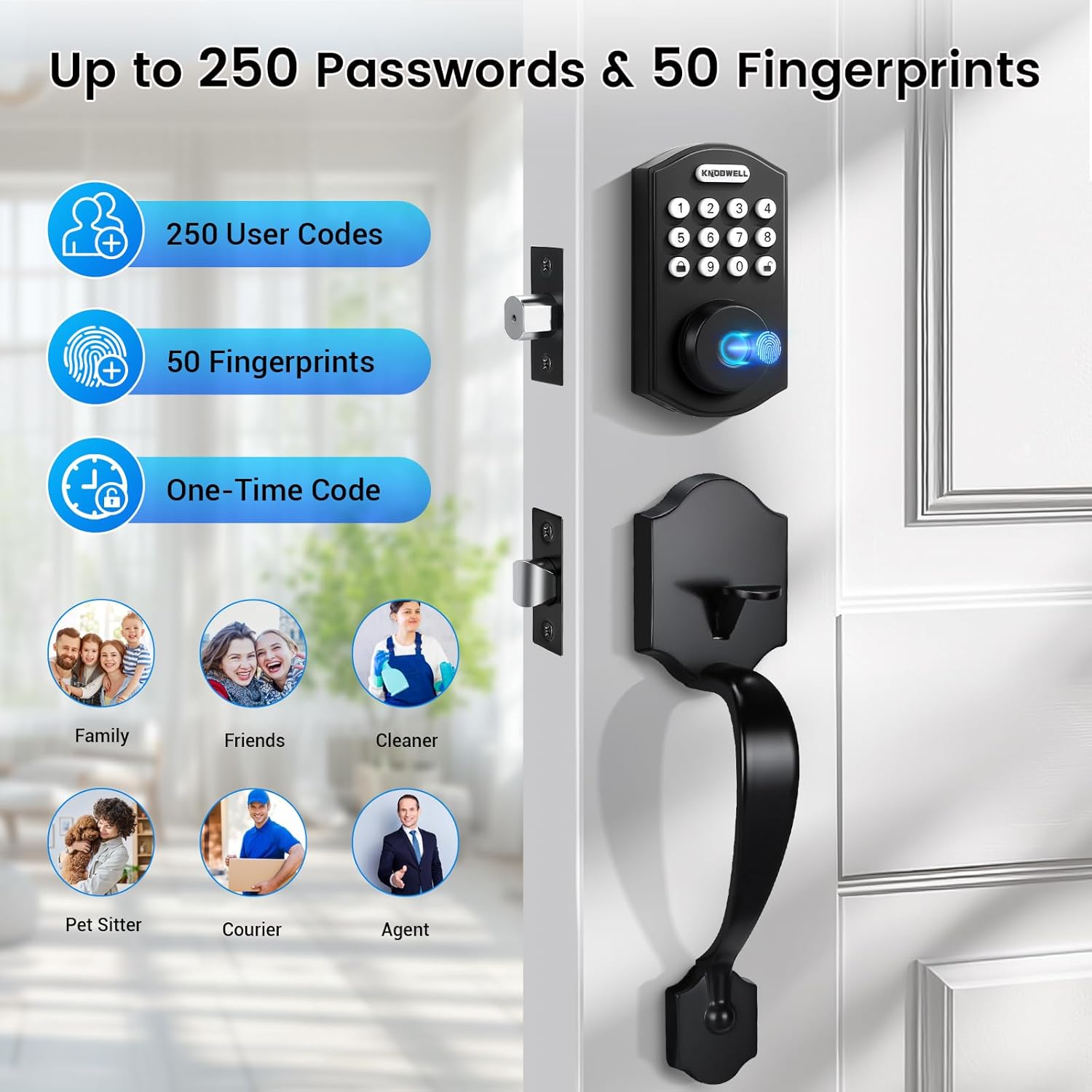 KNOBWELL Keyless Entry Door Lock with Handle Set,Front Door Handle Set，Password Door Lock Fingerprint  Keypad Deadbolt, Auto Lock, Matte Black