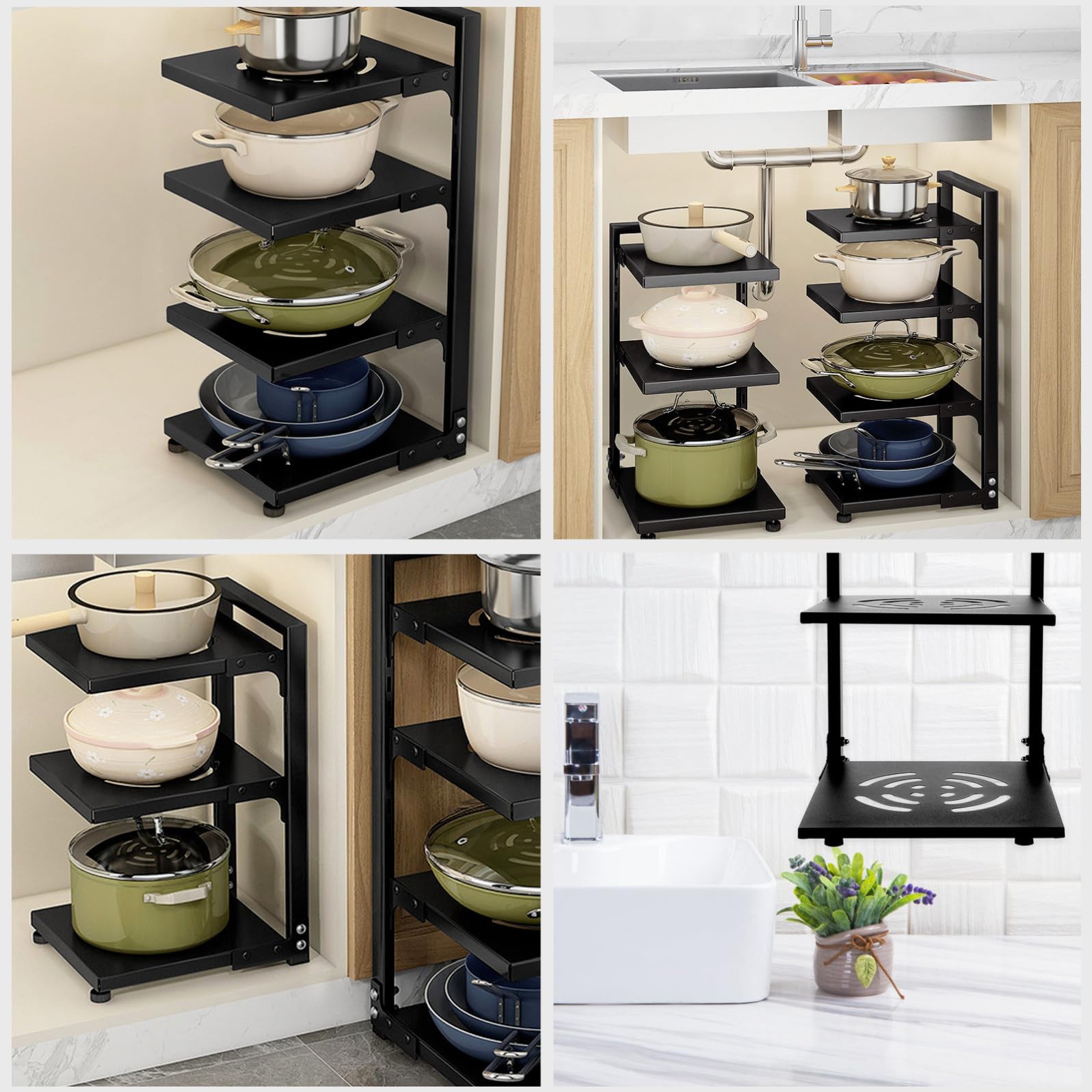 CANIGHT Organizer Cucina Multiuso Pentole in Acciaio al Carbonio Nero 3 Ripiani Regolabili Compatto e Resistente per Armadio per Cucina e Stoccaggio
