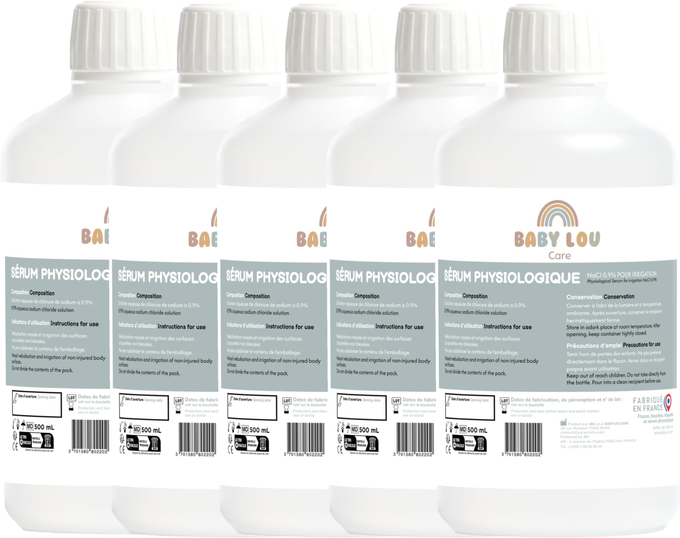 Saline Solution Bottle - Physiological Solution 5x500ml | NaCl 0.9% | Made in France | Nasal Irrigation | Nose Hygiene | for External Irrigation