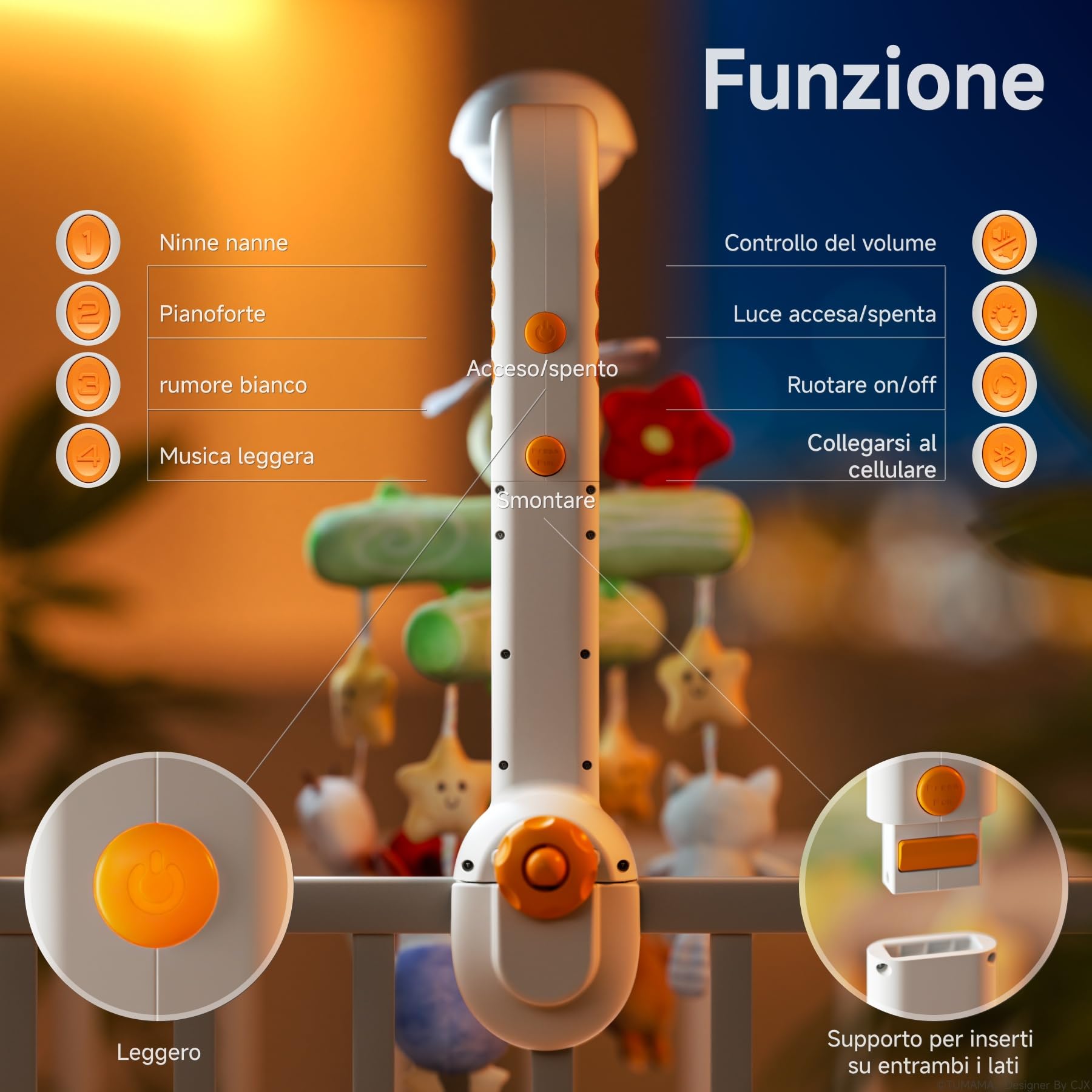 TUMAMA KIDS Giostrina Culla Neonato con Musica e Proiettore di luci, Carillon Culla per Neonati 0 3 6 9 Mesi, Sonaglio Giochi Neonato Telecomandato Giocattolo Sensoriale per Neonati Regalo