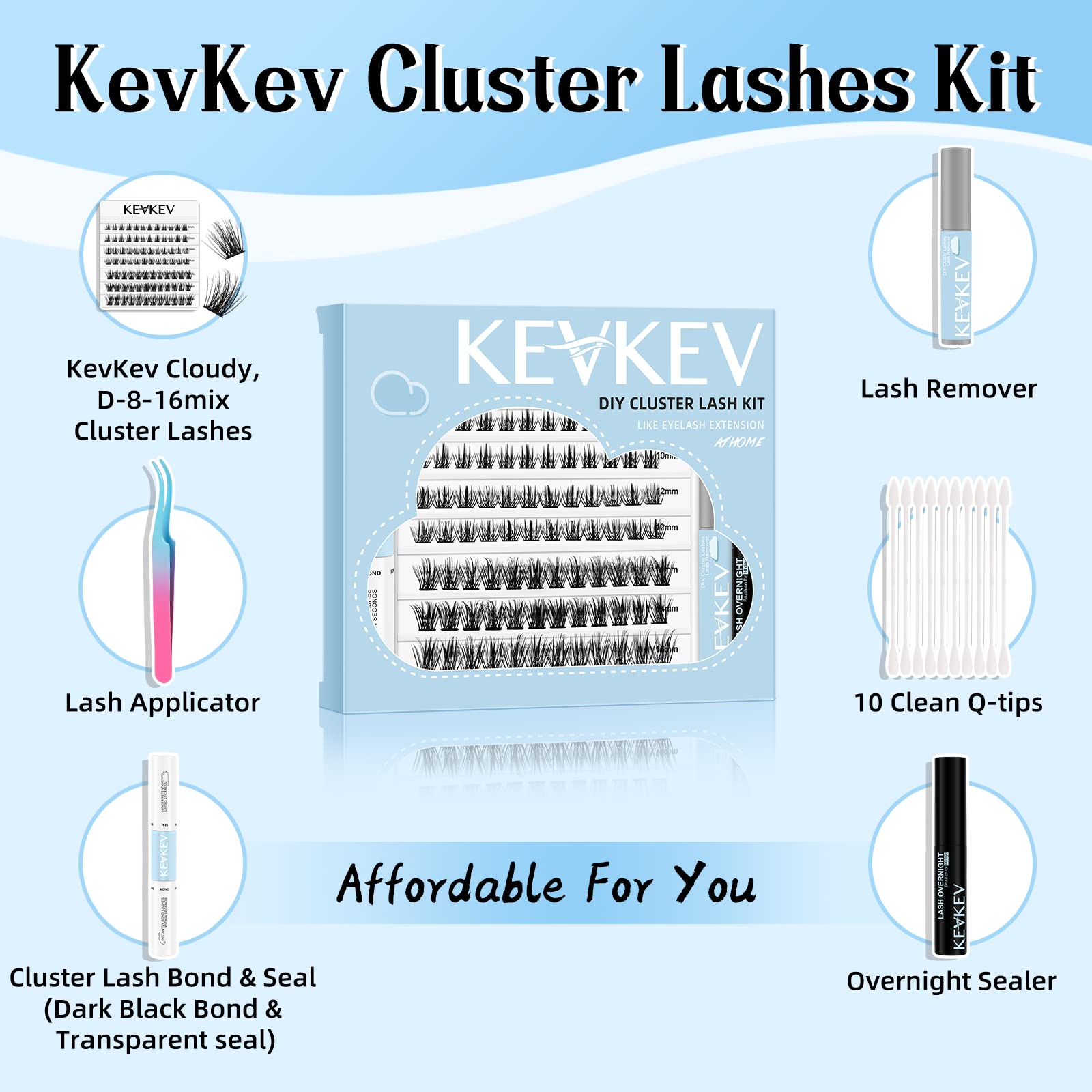 KevKev DIY Lash Extension Kit 84 Pcs Cluster Lashes with Lash Bond and Seal 5 ml Lash Glue Remover Overnighter Seal and Lash Applicator for DIY Eyelash Extension(Cloudy Kit,D-8-16mix)