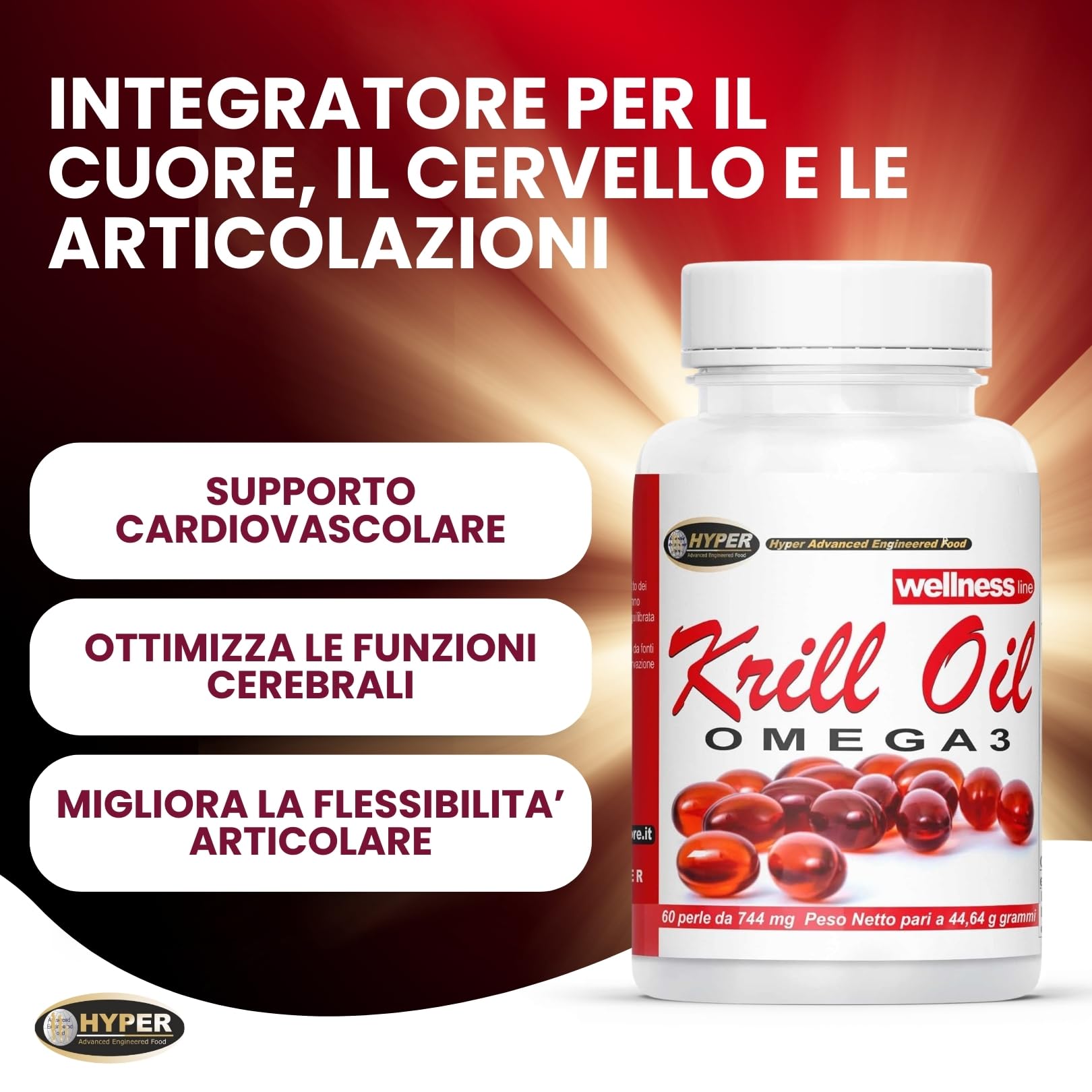 Hyper KRILL OIL OMEGA 3 1000 mg | Olio di Krill Antartico Puro con Astaxantina, EPA e DHA per Cuore, Articolazioni e Benessere Generale - 100% Naturale Altamente Assimilabile - 60 Perle
