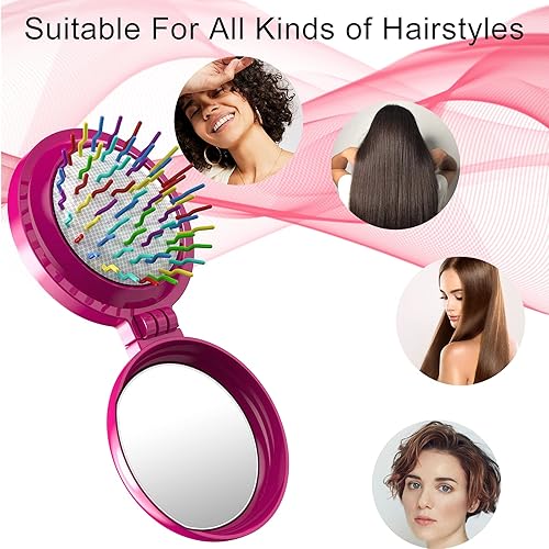 Miniatura 5 de Cepillo de pelo, 8 piezas de cepillos de pelo plegables para espejo de viaje, redondo, compacto y portátil con mini espejo para mujeres y niñas