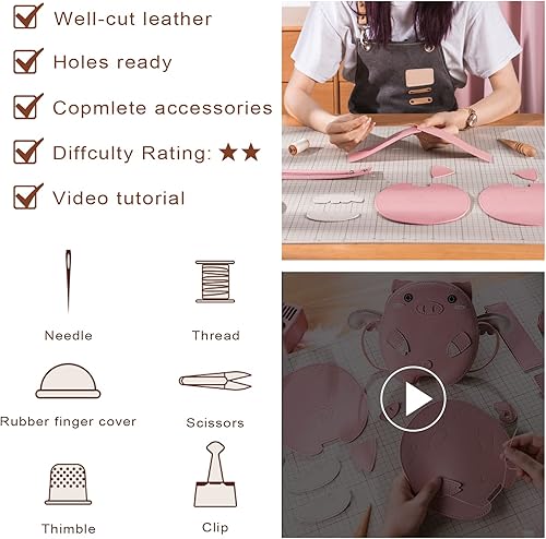 Miniatura 5 de POPSEWING Bolsa de cerdo volador, kit de bricolaje para niñas, kit de trabajo de cuero para bolsa, kit de costura para bolsa de hombro, kit de cuero