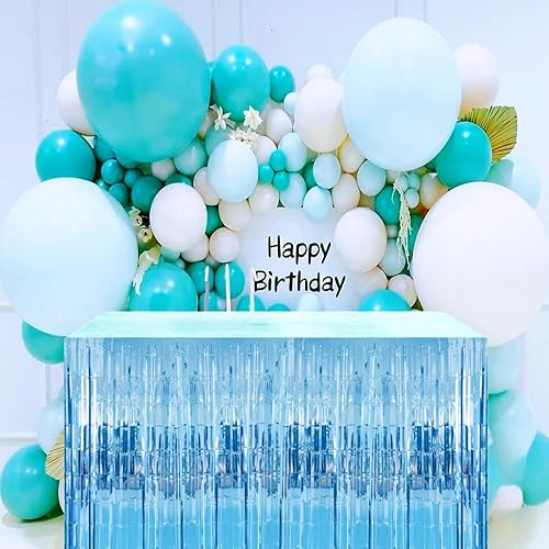Miniatura 5 de Paquete de 2 guirnaldas de falda de mesa con flecos de papel de aluminio azul claro amplio, decoración de fiesta para cumpleaños, niños, océano bajo