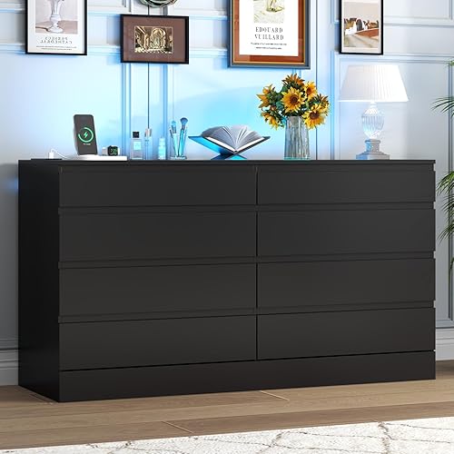 8 Drawer Dresser with Power Outlet, White Dresser for Bedroom Chest of Drawer with Glass Top & LED Light, Modern Double Wide Drawer Organizer Cabinet for Living Room (Black)