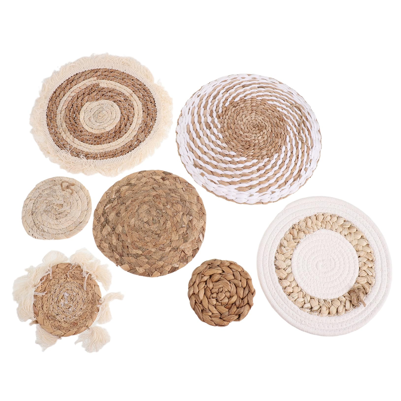 Decoración de Pared y Fácil de Colgar Bohemia Conjunto de 7 Piezas Hecha a Mano en Ratán Beige, Redonda Estilo Rústico y Moderno para Dormitorio