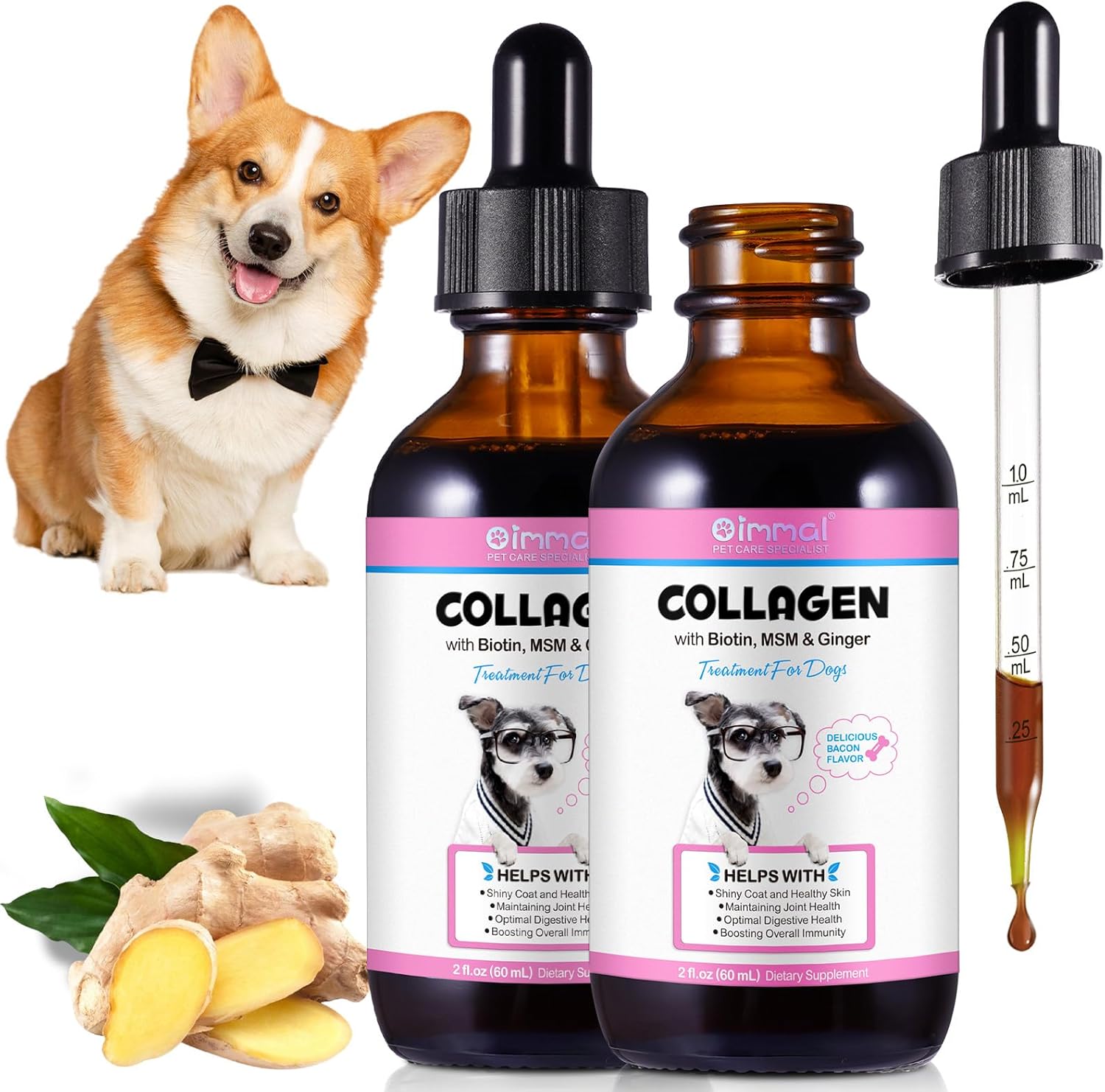 2Pack Collagen for Dogs, Liquid Collagen for Dogs 2 fl.oz, Skin & Coat Supplement for Dogs, Itch Relief for Dogs with Vitamin C, Biotin, MSM, Ginger, Daily Collagen for Dogs Drops, Bacon Flavor