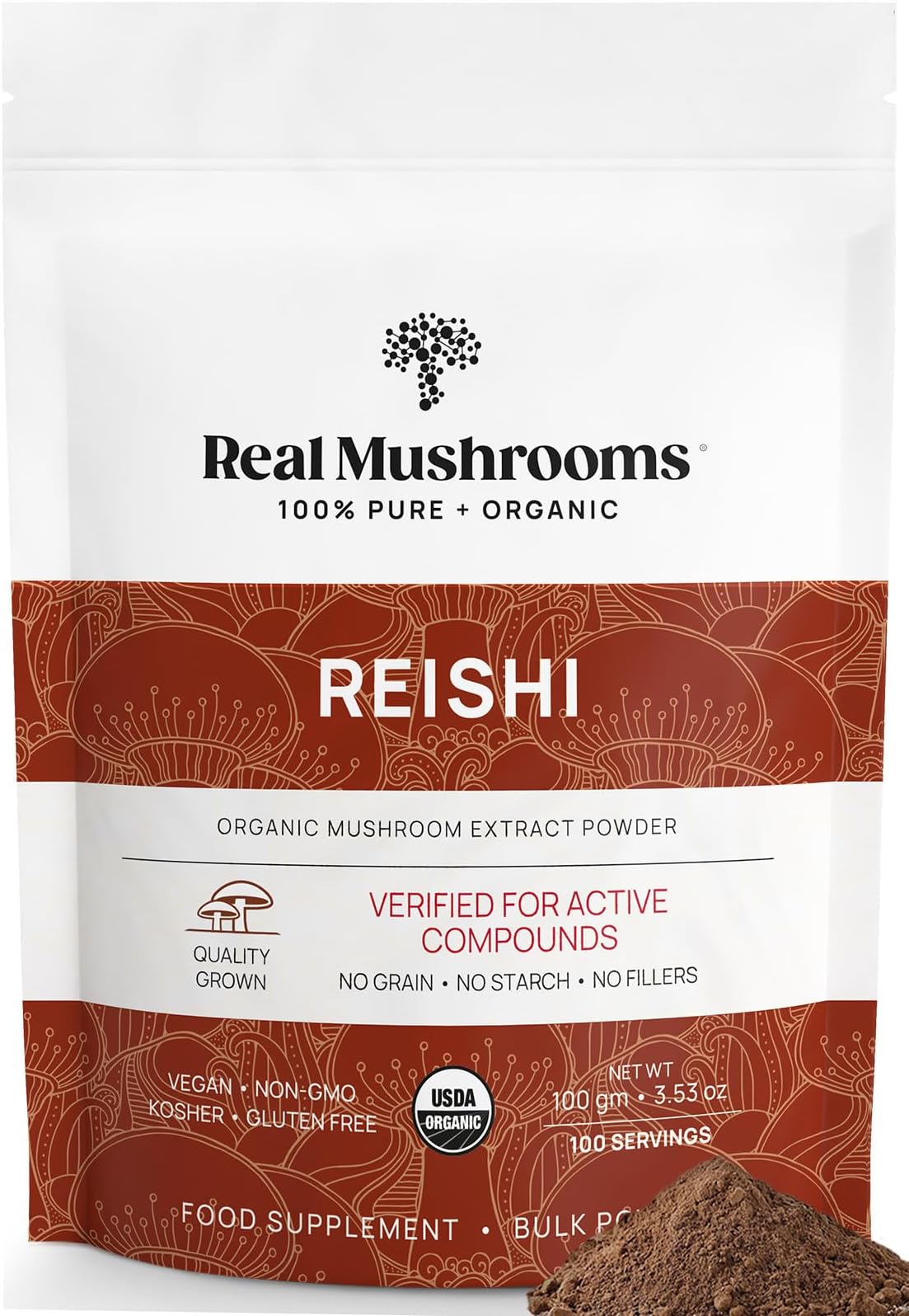 Real Mushrooms Reishi Powder - Organic Mushroom Extract Supplement with Potent Red Reishi Mushroom for Longevity, Mood, Sleep, & Immune Support - Vegan Mushroom Supplement, Non-GMO, 100 Servings