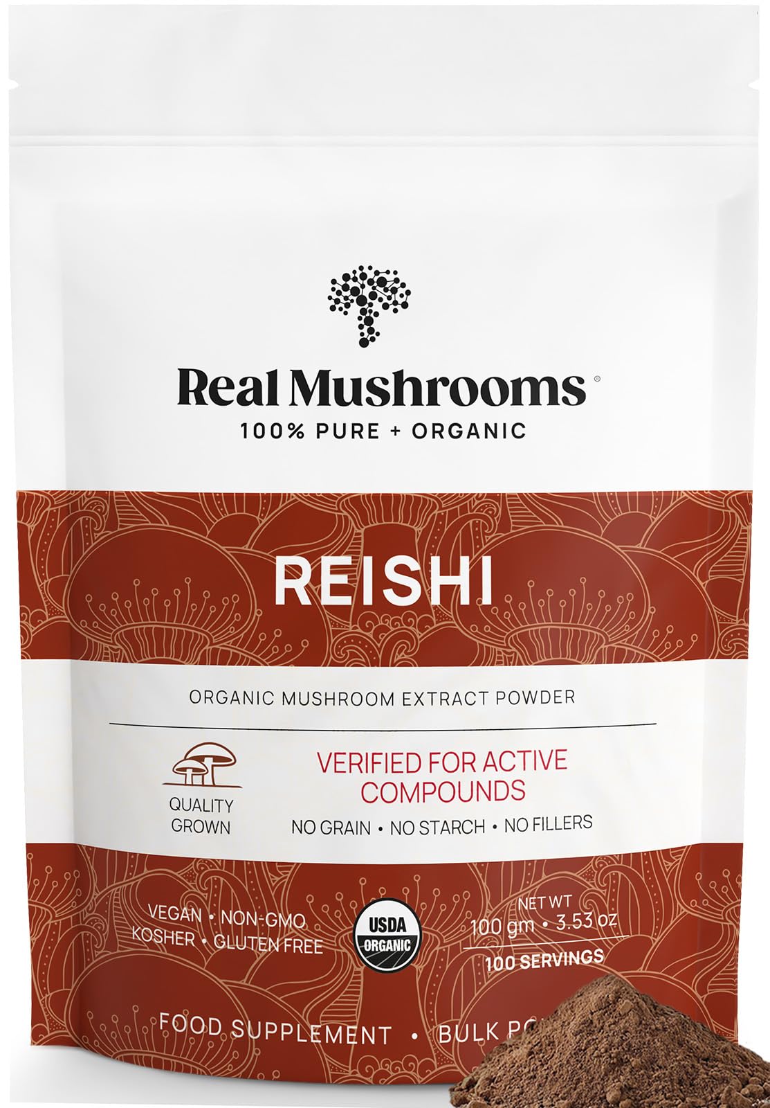 Real Mushrooms Reishi Powder - Organic Mushroom Extract Supplement with Potent Red Reishi Mushroom for Longevity, Mood, Sleep, & Immune Support - Vegan Mushroom Supplement, Non-GMO, 100 Servings