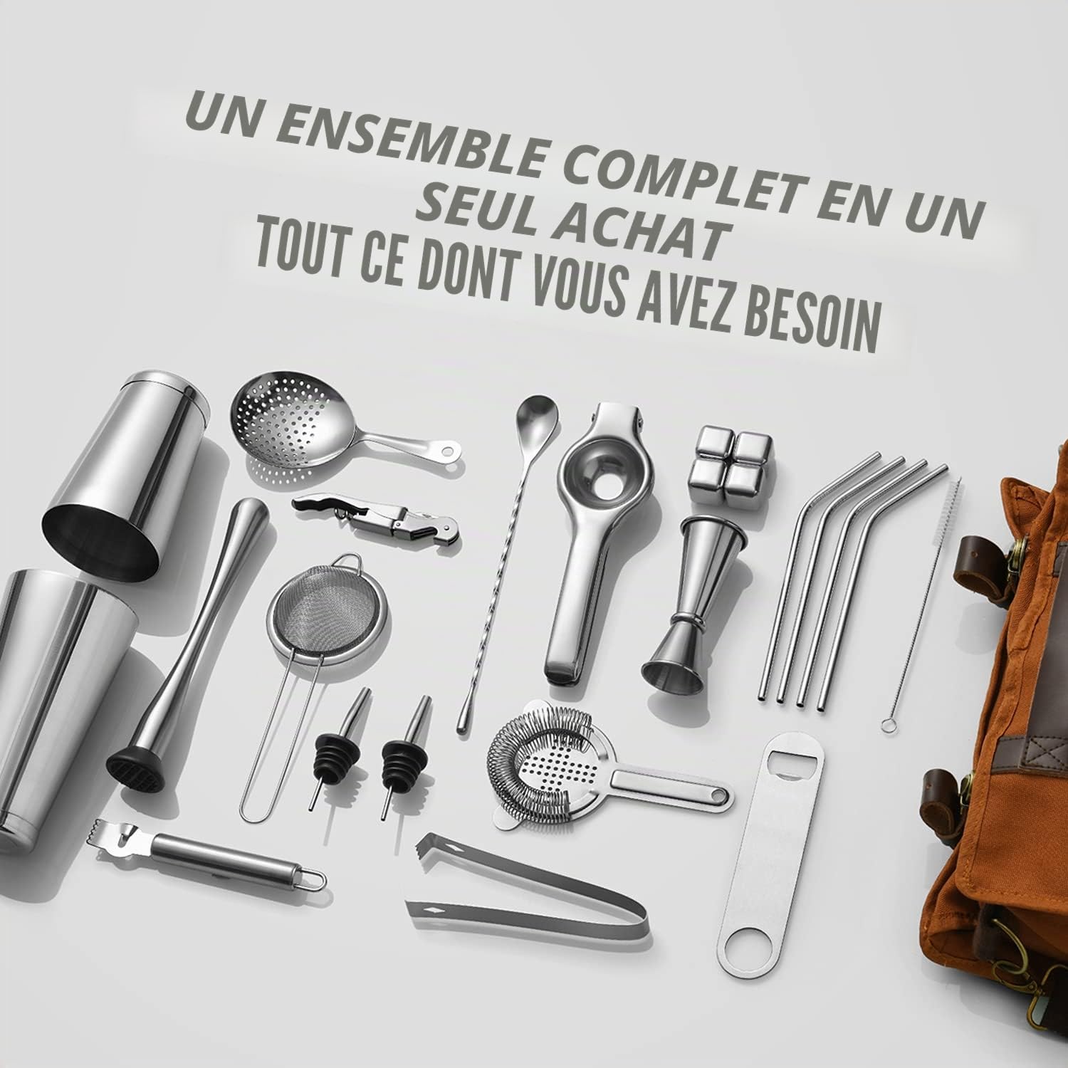 Kit de Barman | Ensemble de mixologie Professionnelle de 25 pièces avec Sac de Voyage Portable | Ensemble d'outils de Bar en Acier Inoxydable pour la Maison, Les Cocktails, Les fêtes, Le