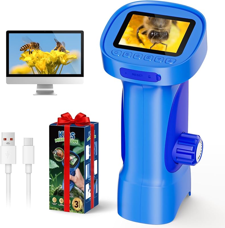 Microscopio para niños 1000X, cámara digital portátil Ahalfcit con pantalla HD IPS de 2,4", mini juguete de exploración de la naturaleza de bolsillo portátil, regalo de aprendizaje de ciencias STEM para niños y niñas de 3 a 12 años