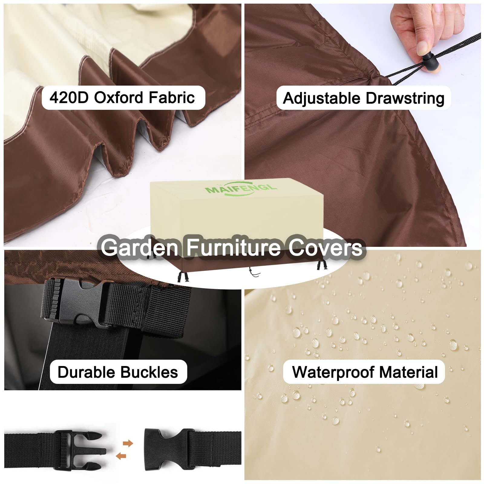 Fundas para Muebles de Jardín, Impermeable Anti-UV Cubierta Mesa Exterior 420D Oxford Rectangular Funda Protección para Muebles-BeigeBrown||160x95x75cm/63x37x30in