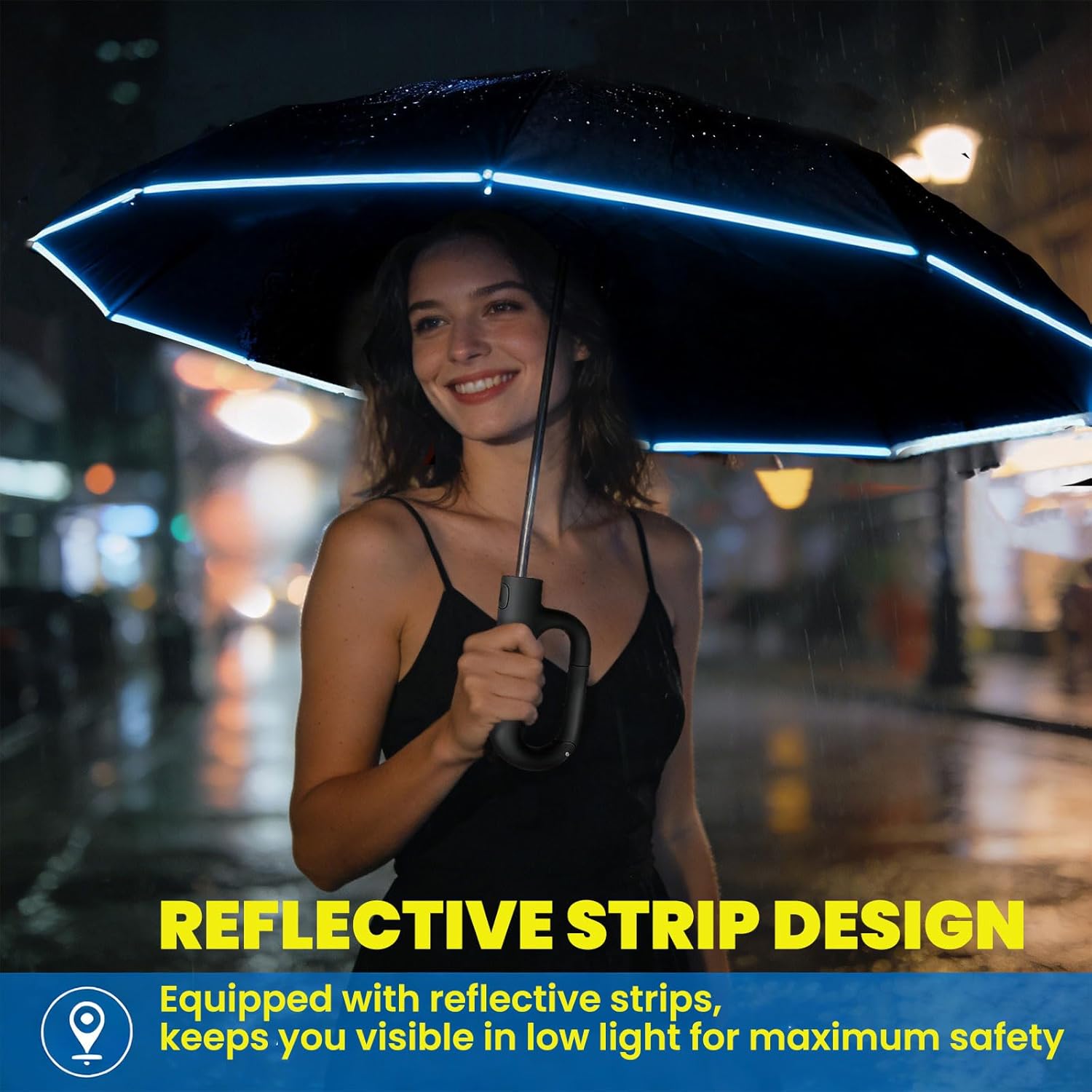SIEPASA Travel Umbrella with Carabiner Handle - Windproof 10 Ribs Auto Open/Close for Rain & Sun Protection, Compact Portable Clip-on Backpack Design with Safety Reflective Strip. - Image 7
