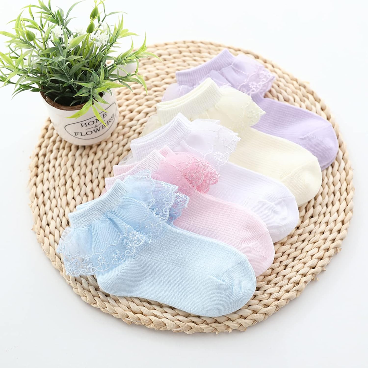 5 Pairs Baby Toddler Girls Lace Socks Ruffle Cotton White Princess Eyelet Frilly Ankle Dress Socks for Kids