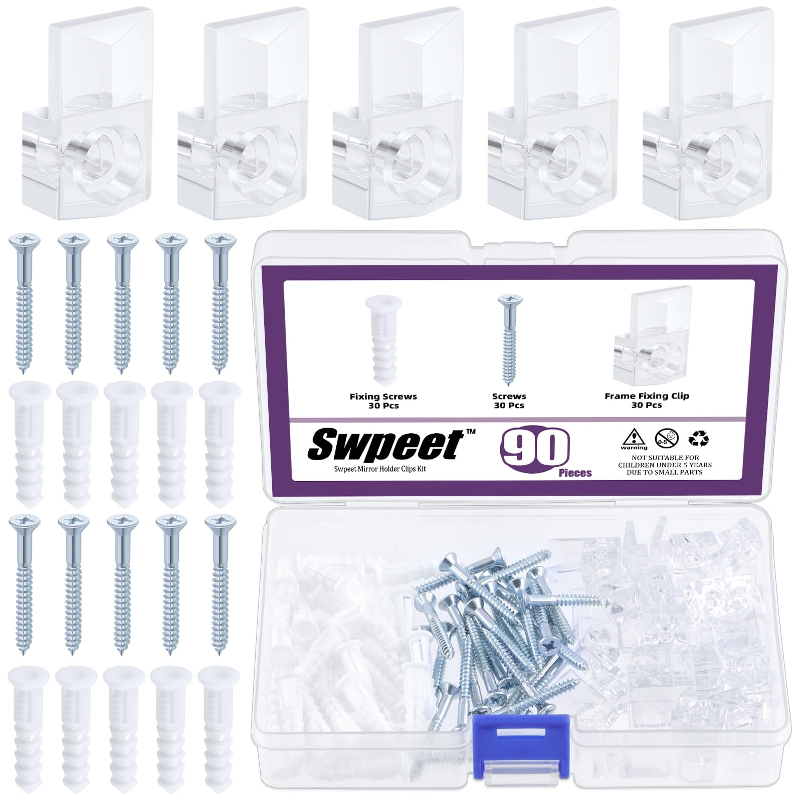 Swpeet 30 Sets Clear Plastic Mirror Holder Clips Kit with Screws, Retainer Clips Kit, Mirror Hanging kit