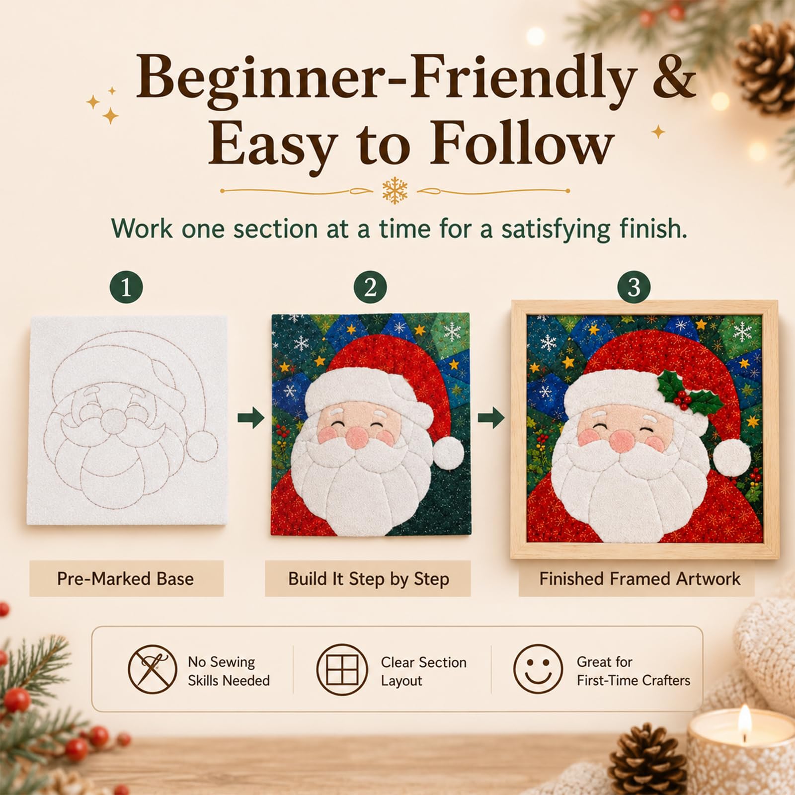 No-Sew DIY Kinusaiga Fabric Art Kit, with Frame & Tools, B04, Christmas Collection - Image 4