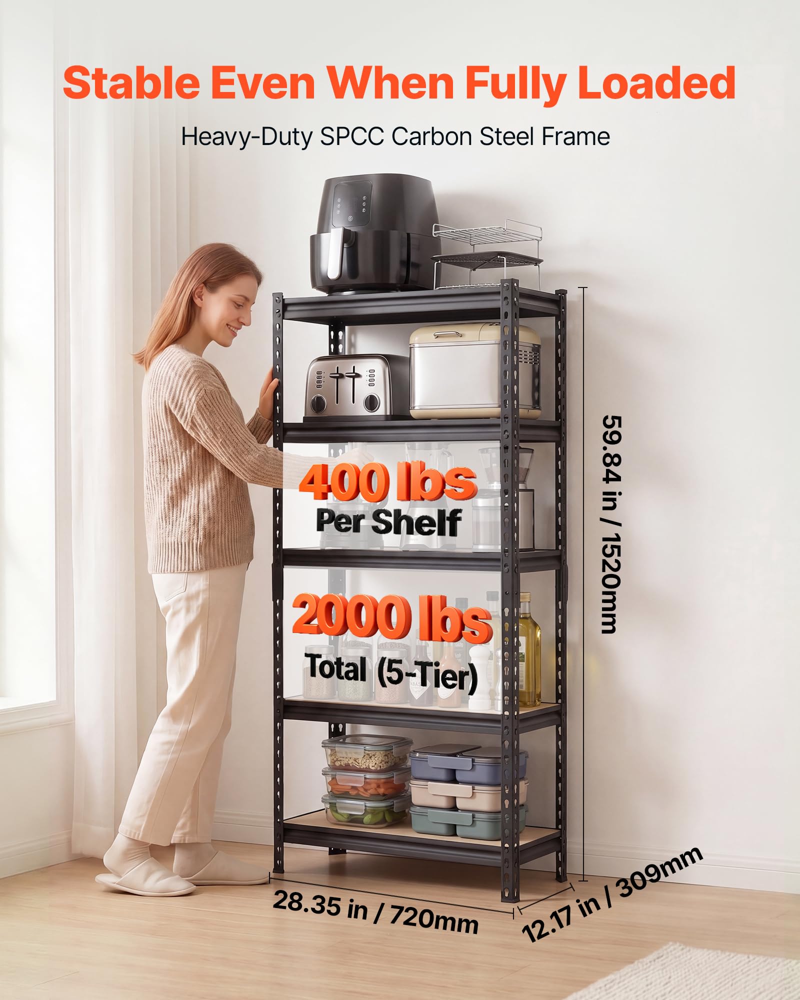 VEVOR Estantería Almacenaje Metálica de 5 Niveles 72 x 31 x 152 cm, Estantería Multiusos Altura Ajustable Capacidad 907 kg en Total con Estructura de Acero para Garaje Trastero Dormitorio Hogar Sótano