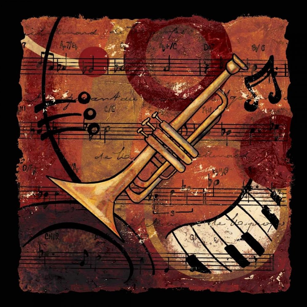 TELA-CON-AMERICAN-BOX Jazz Music II CW Designs Inc. - Astratto quadrato Stampa artistica corno tromba jazz musica pianoforte rosso arancione giallo br Cornice galleggiante 12_X_12_in