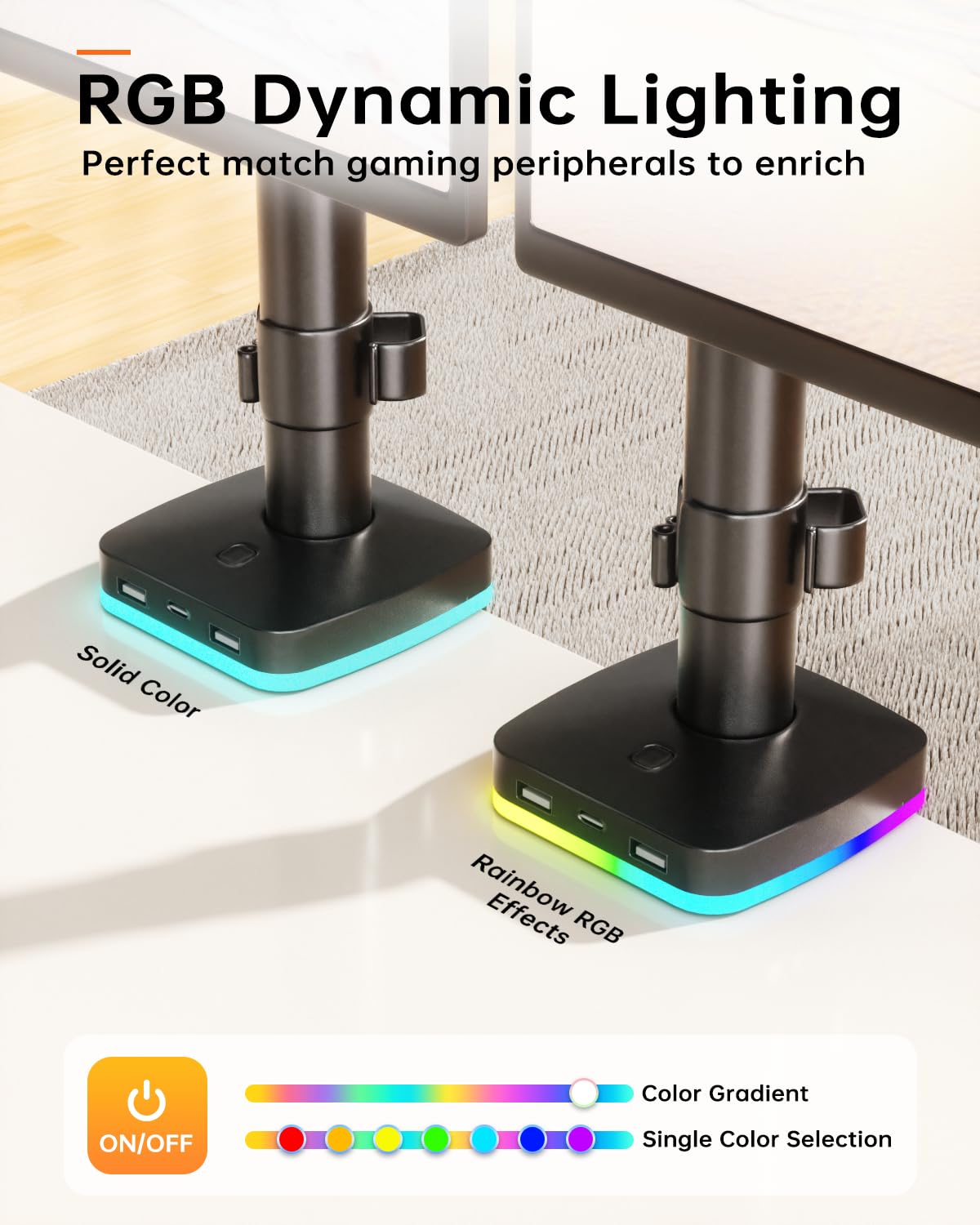 Afaloona Soporte de escritorio RGB para monitor doble, soporte para monitor con 3 puertos USB, función de carga y transferencia de datos USB, brazos ajustables para monitores de 13 a 27 pulgadas de
