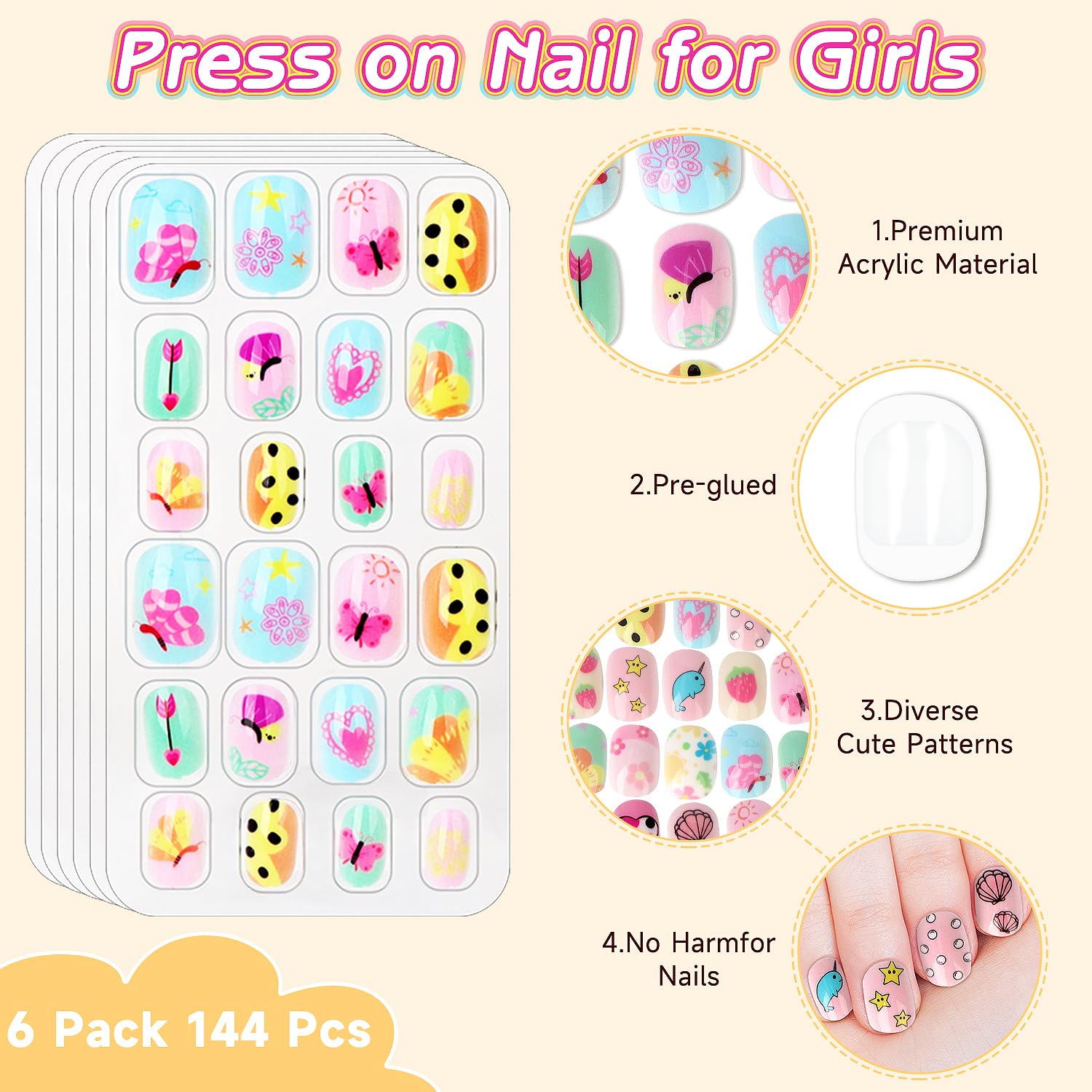 OWill Kids Stick on Nails, 144 Pcs Cute Cartoon Fake Nails for Kids Full Cover Children False Nail Press on Nail Party Gift for Girls - Image 4