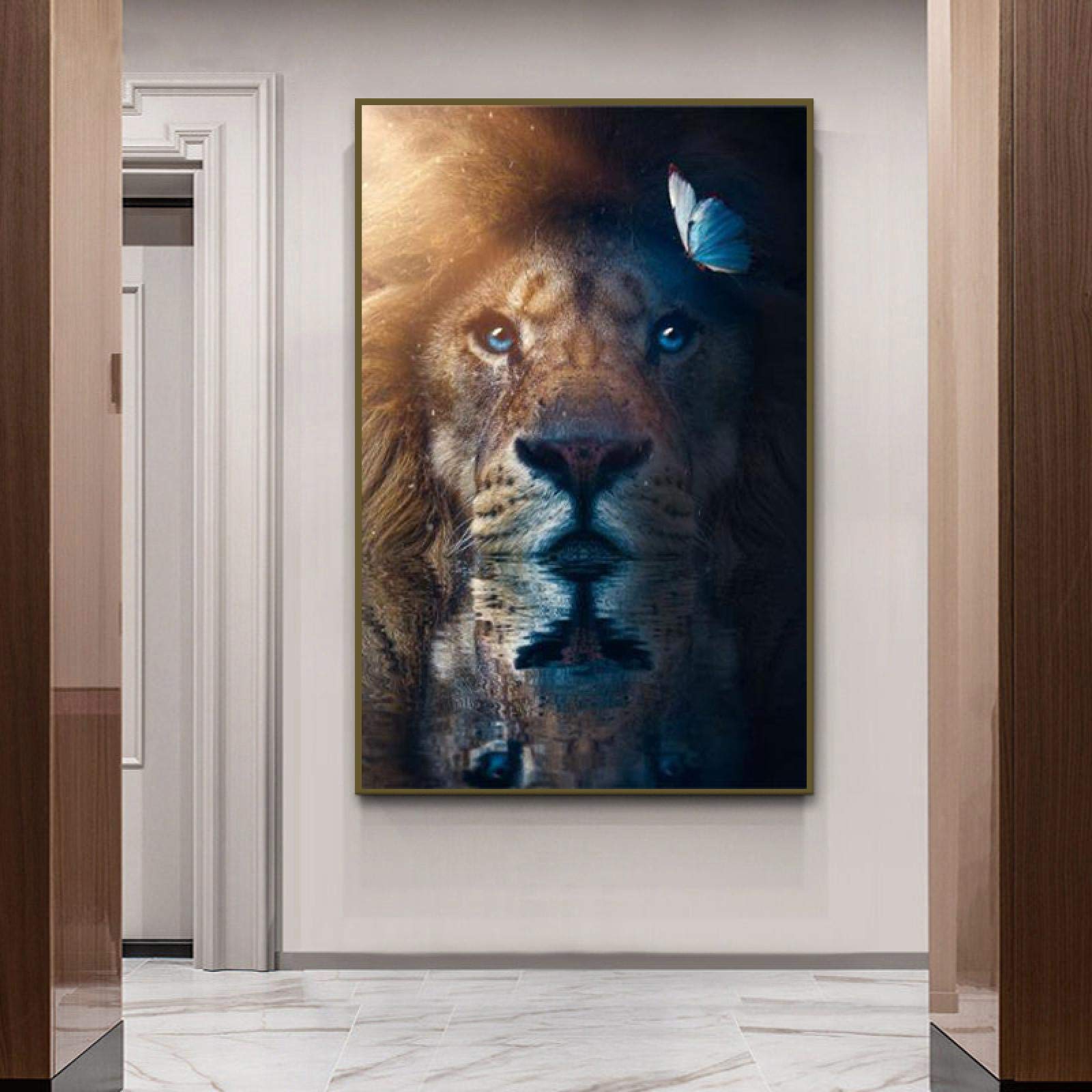 Yooyu Lienzo de Animales Impresión de Arte de Pared León Encantador con Cartel de Mariposa Pintura Cuadro Decorativo Hogar Decoración de la habitación de los niños 50x70x2cm Marco Interno