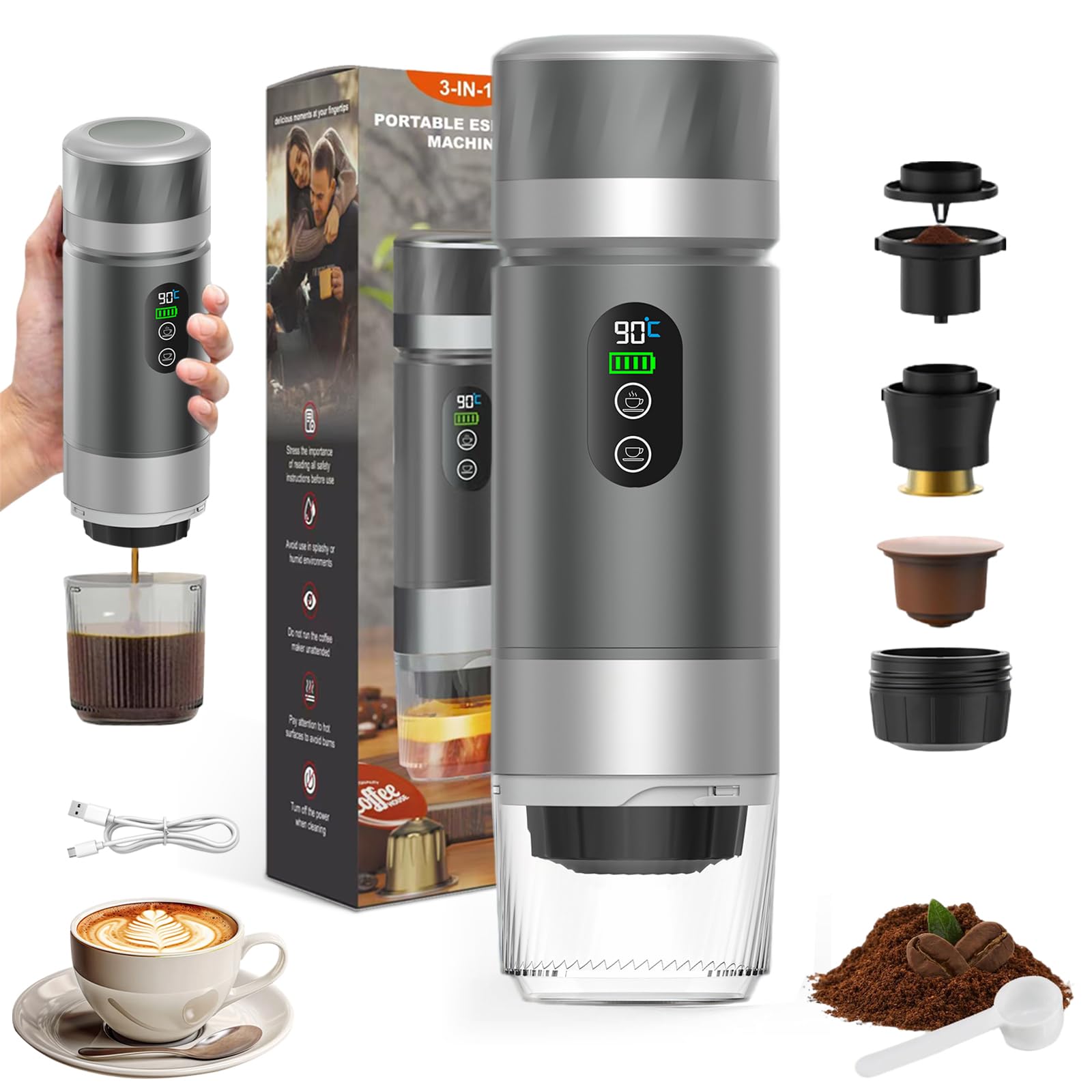 VHV Mini máquina de café inalámbrica de 90 ml, 3 en 1, con USB, compatible con cápsulas y café molido, gadgets de autocaravana y regalos de camping (gris)