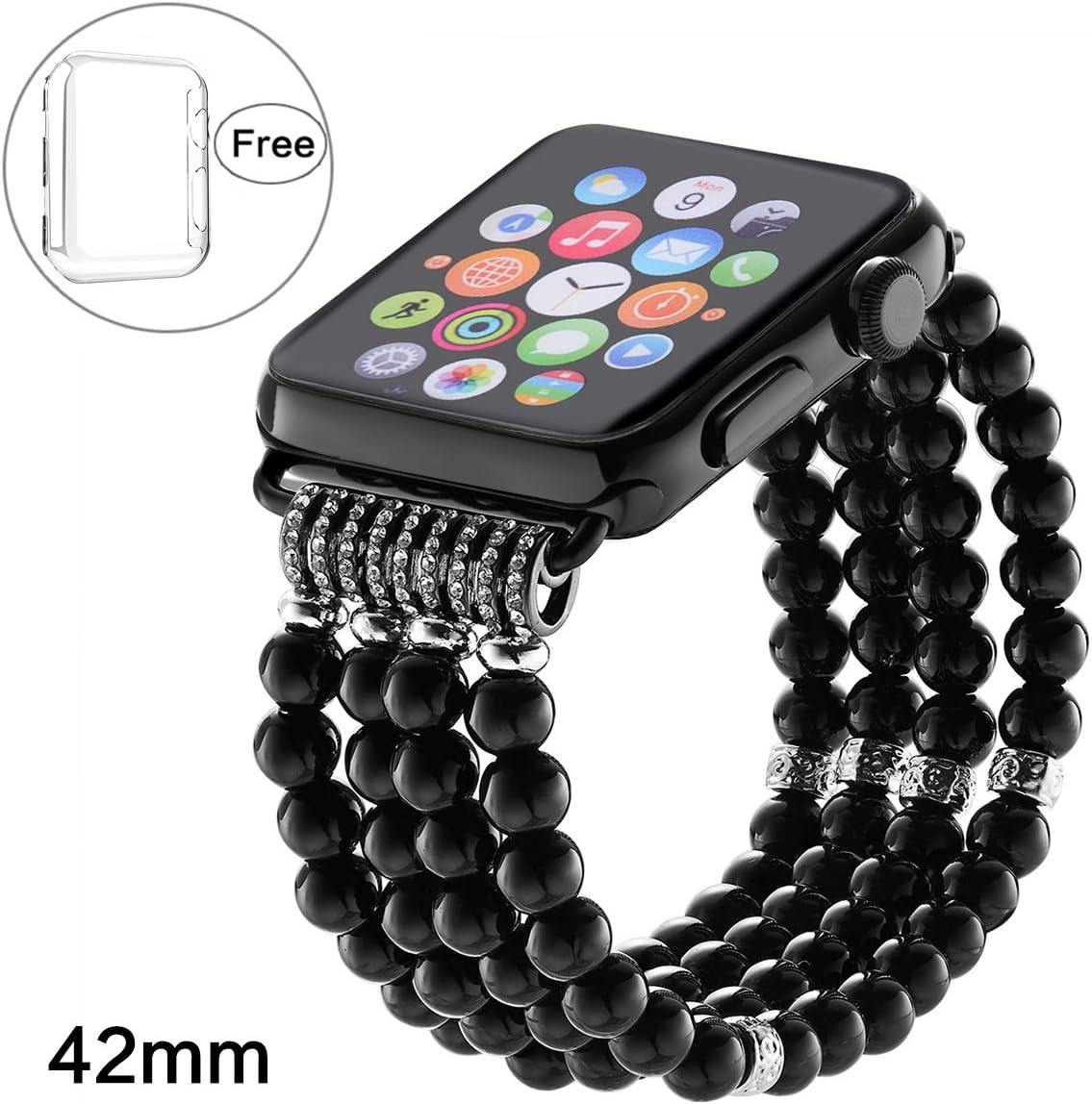for Apple Watch Band 38mm 42mm, 2018 Crystal Beaded Elastic Bracelet Women Girl Bands and Case for Iwatch Series 3/2/1 Luxury Bling Watch Strap and Case Gift Idea