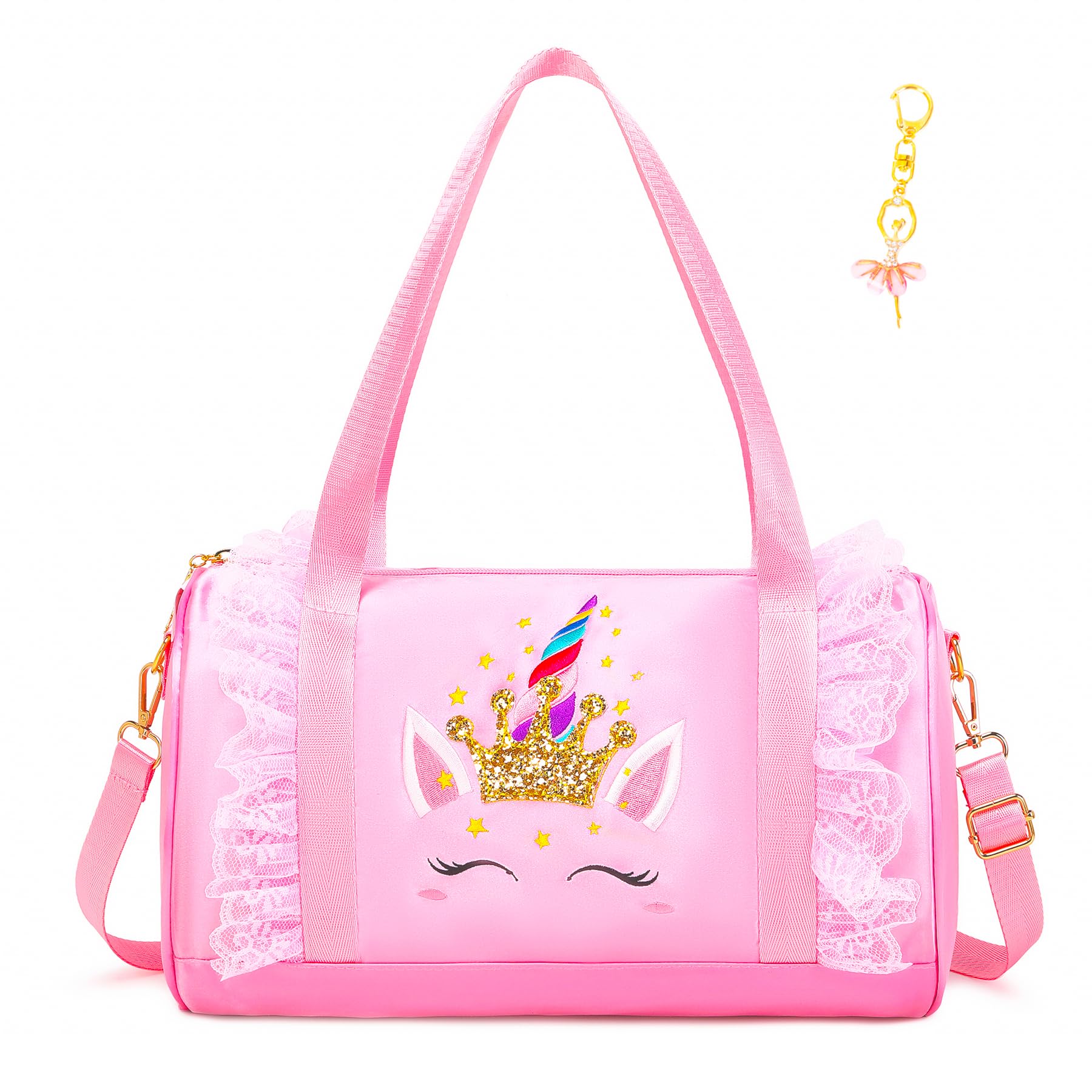 Dorlubel Cute Ballet Dance Bag Gym Travel Duffle Bag for Girls Tutu Dress Bag with Key Chain for Girls (Pink4 of Short Mesh)