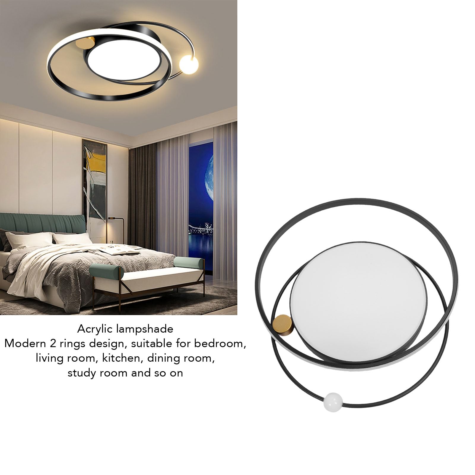 FTVOGUE 2-pierścieniowa Sufitowa LED 3000–6000 K z możliwością Przyciemniania za pomocą Pilota i Funkcji Pamięci do Sypialni, Salonu, Kuchni (BLACK)