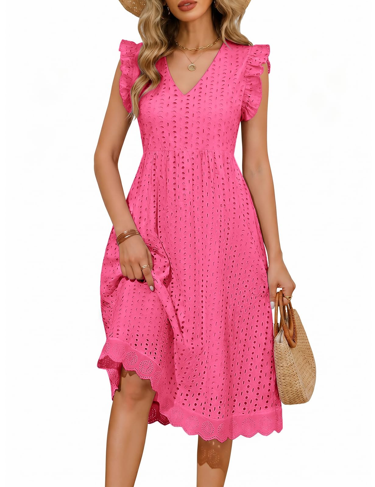 Sommerkleid Damen Lang V Ausschnitt Baumwolle Kleider Sommer Leicht A-Linien-Midikleid Freizeitkleid Damenkleider Lockeres Strandkleid mit Tasche