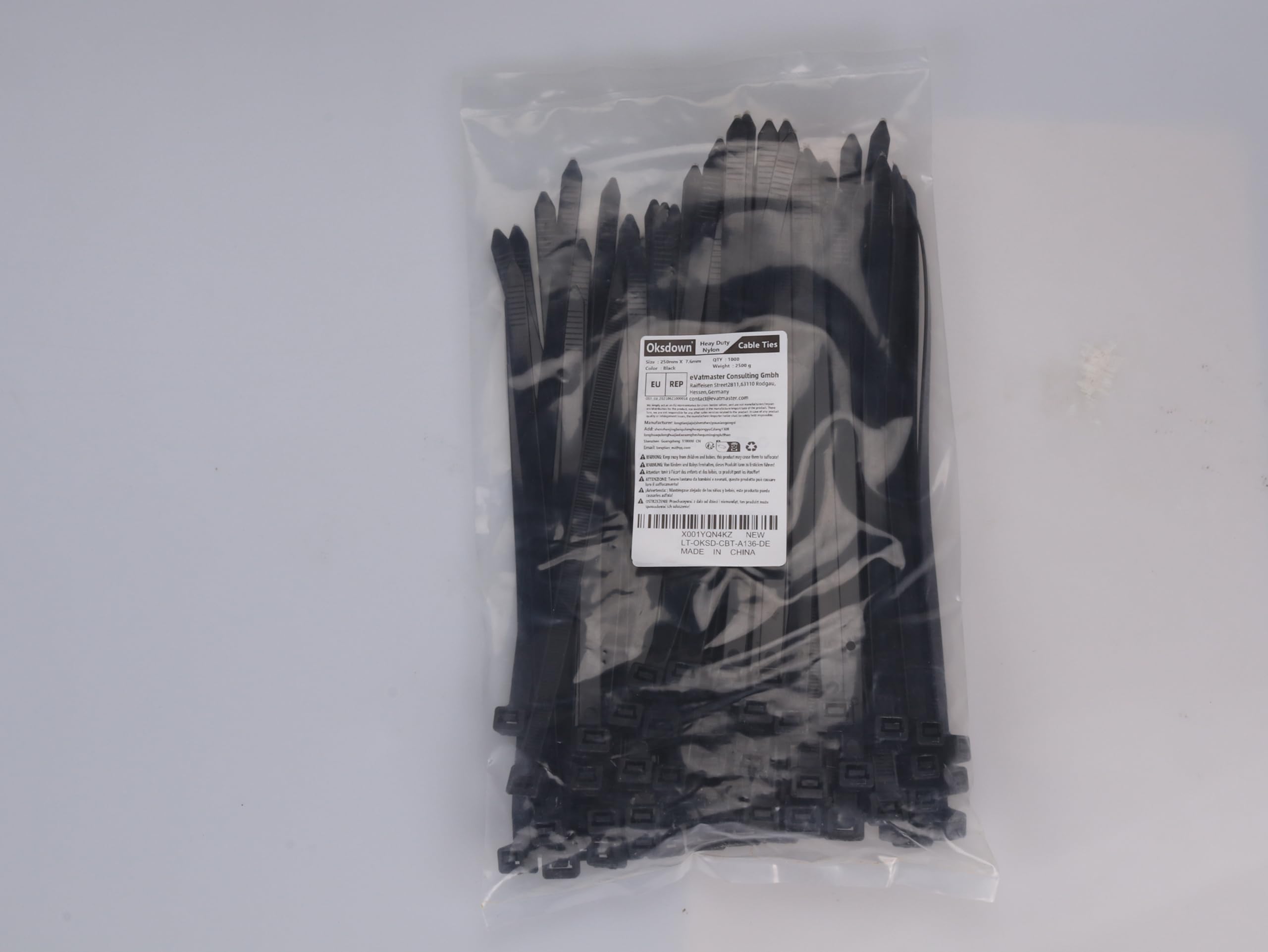 Fascette stringicavo nero 250 mm × 7,6 mm 1000 pezzi in nylon resistente ai raggi UV con 55 kg di resistenza alla trazione extra forte plastica fascette autobloccanti per industria,